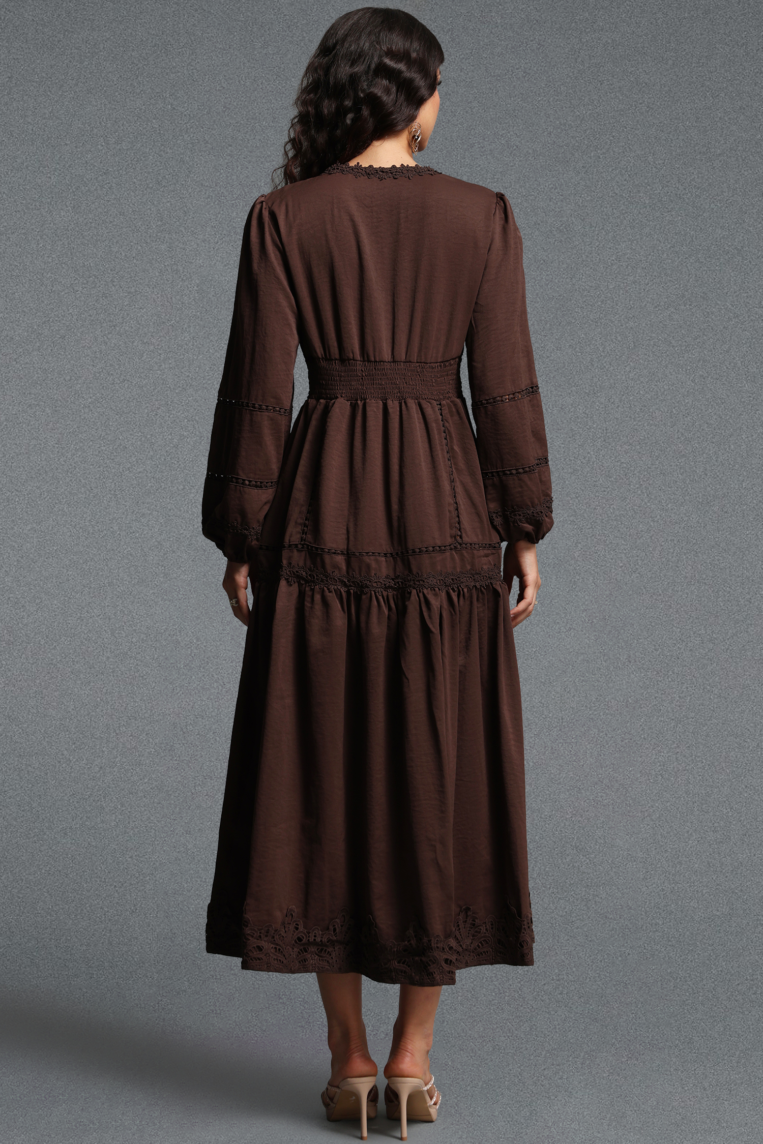 Nadine Romantic Flowy Long Sleeve Lace Trimmed Woven Maxi Dress