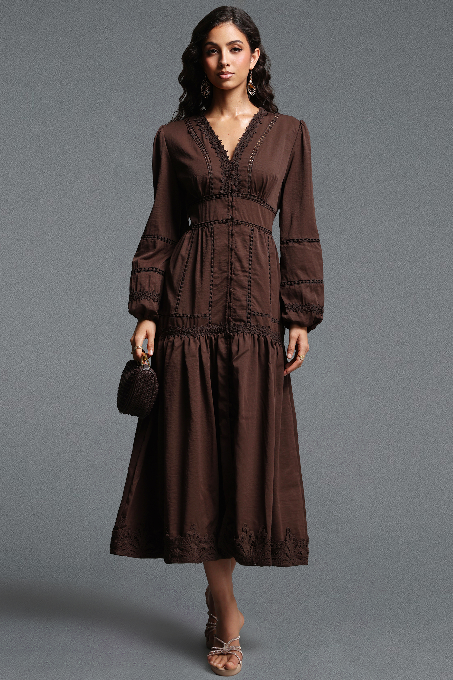 Nadine Romantic Flowy Long Sleeve Lace Trimmed Woven Maxi Dress