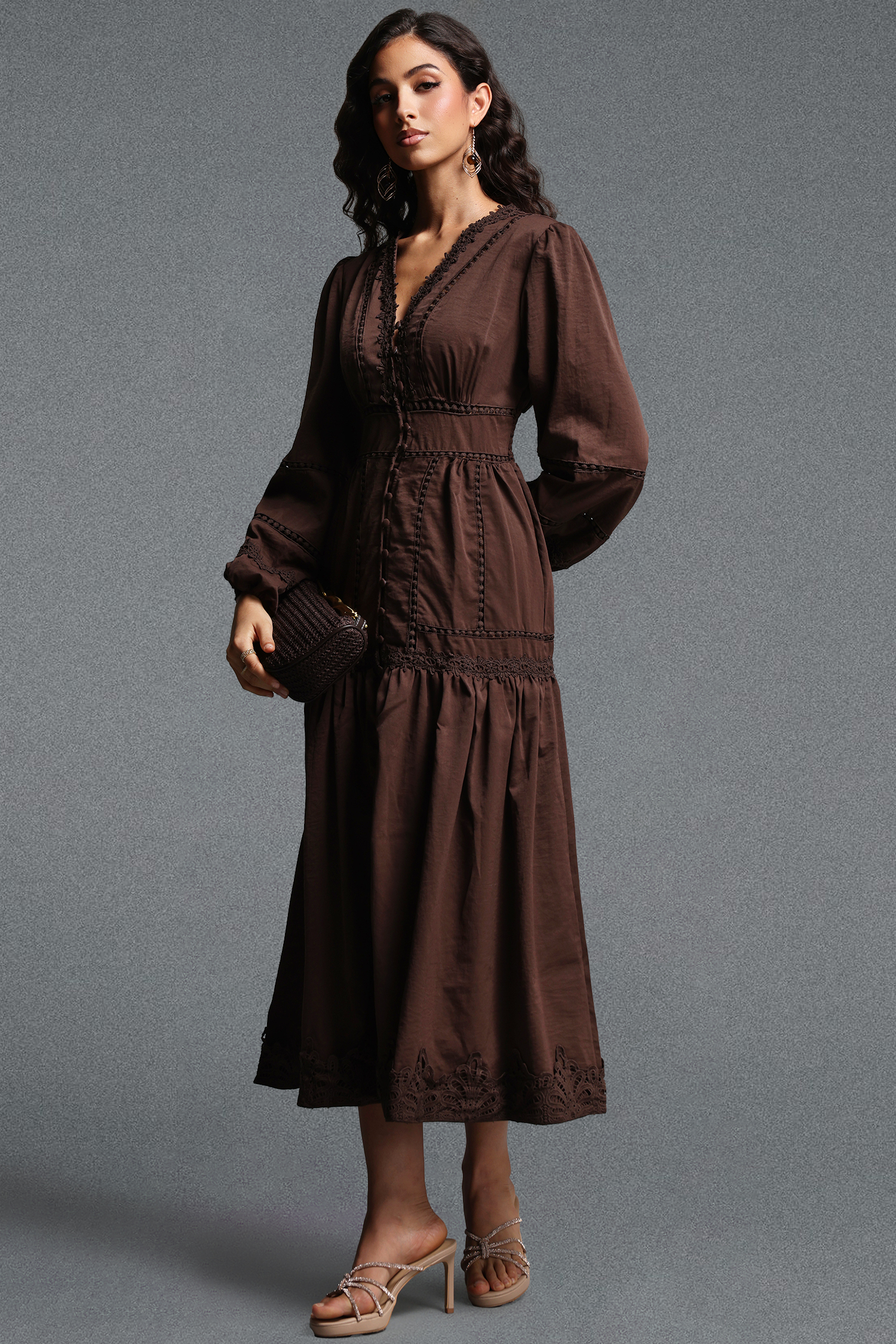 Nadine Romantic Flowy Long Sleeve Lace Trimmed Woven Maxi Dress