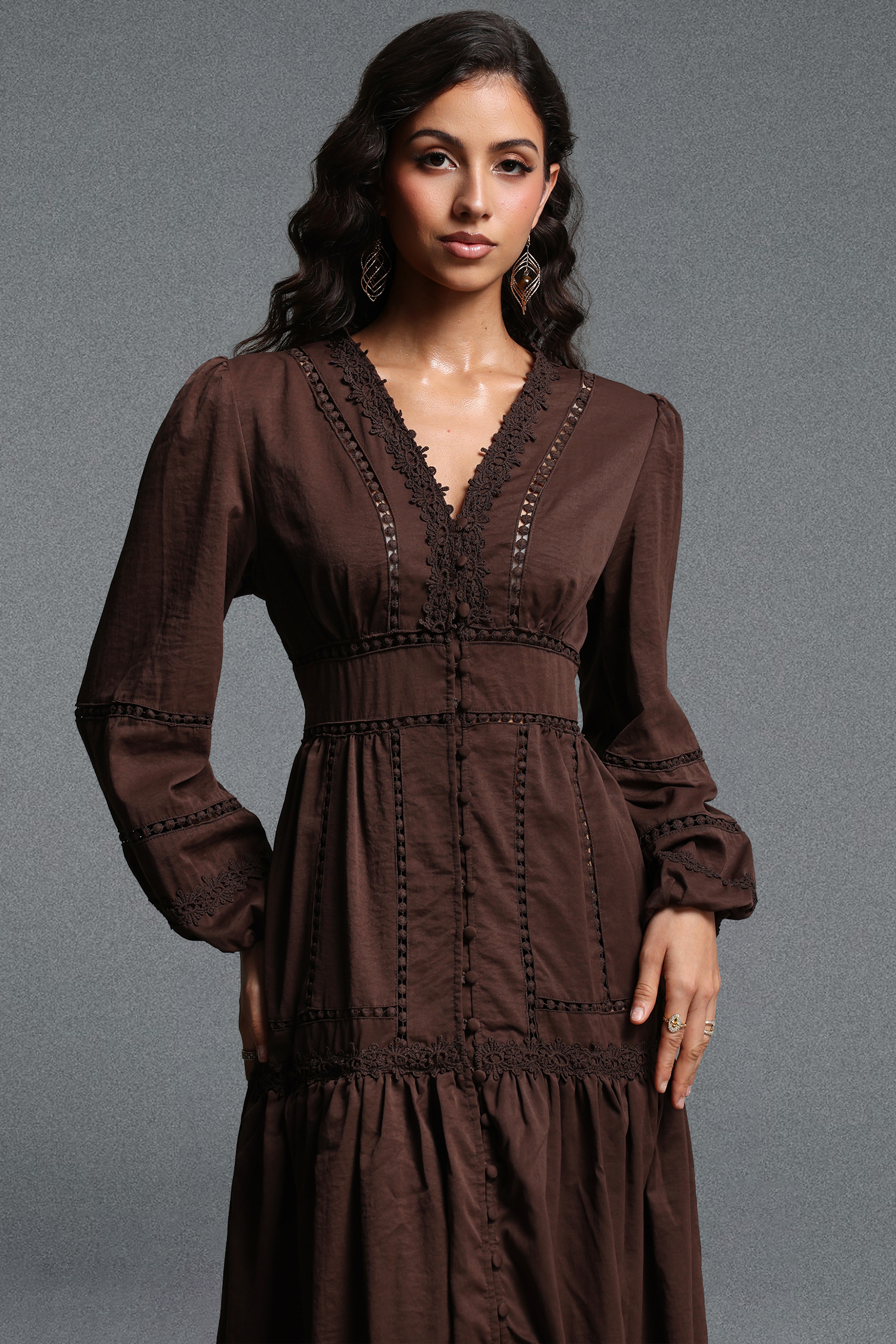 Nadine Romantic Flowy Long Sleeve Lace Trimmed Woven Maxi Dress