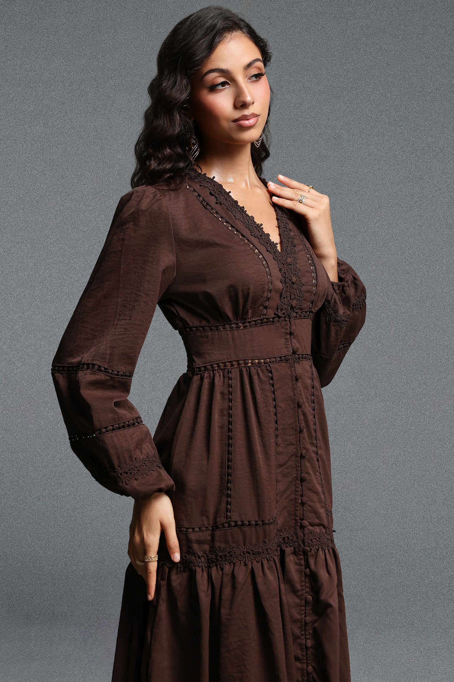 Nadine Romantic Flowy Long Sleeve Lace Trimmed Woven Maxi Dress