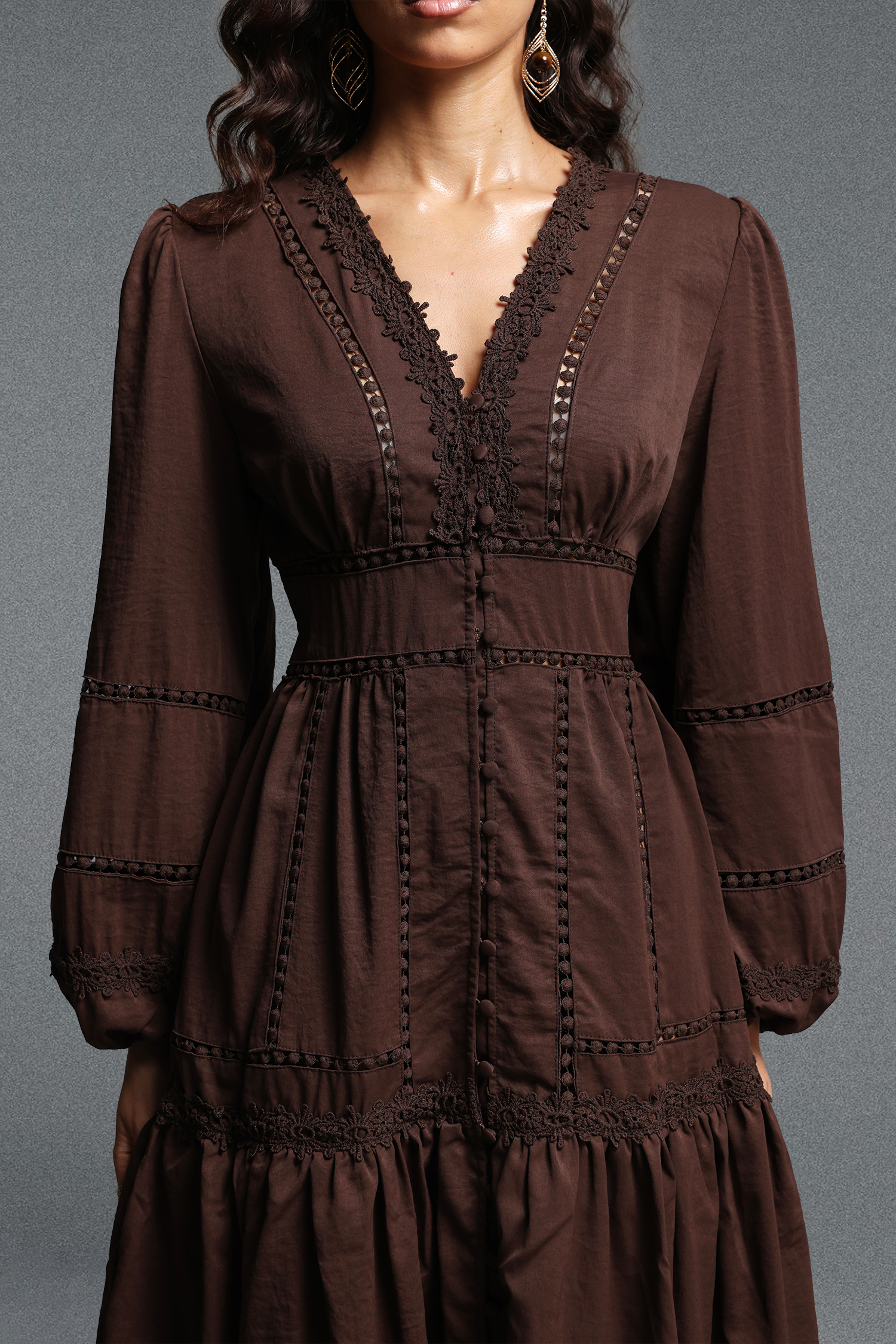 Nadine Romantic Flowy Long Sleeve Lace Trimmed Woven Maxi Dress