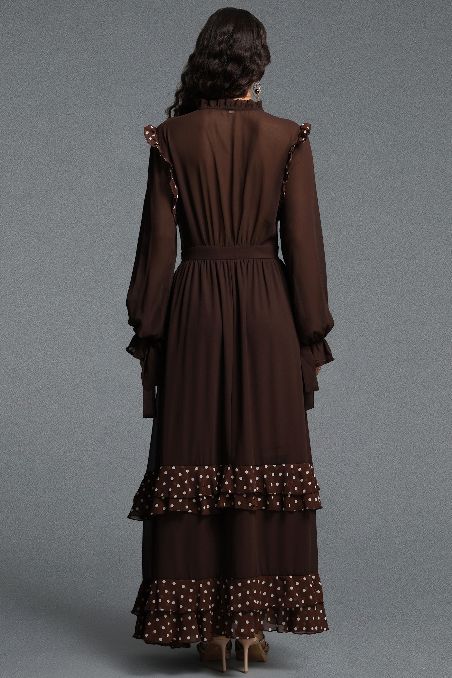 Huresa Vintage Flowy Long Sleeve Polka Dot Ruffle Woven Maxi Dress
