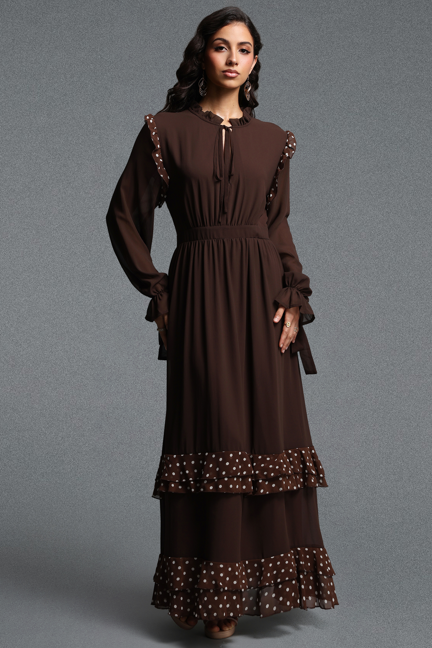 Huresa Vintage Flowy Long Sleeve Polka Dot Ruffle Woven Maxi Dress