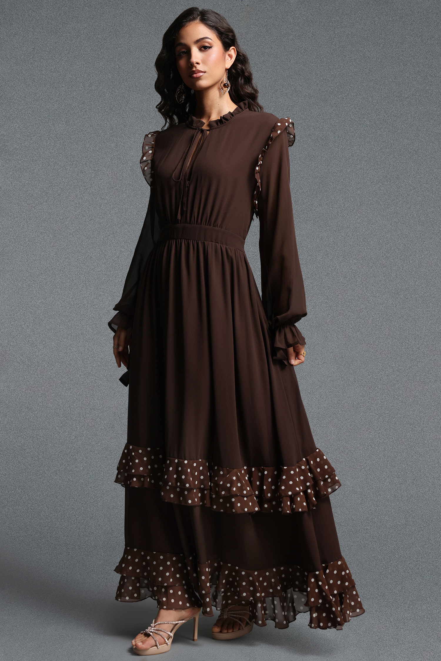 Huresa Vintage Flowy Long Sleeve Polka Dot Ruffle Woven Maxi Dress