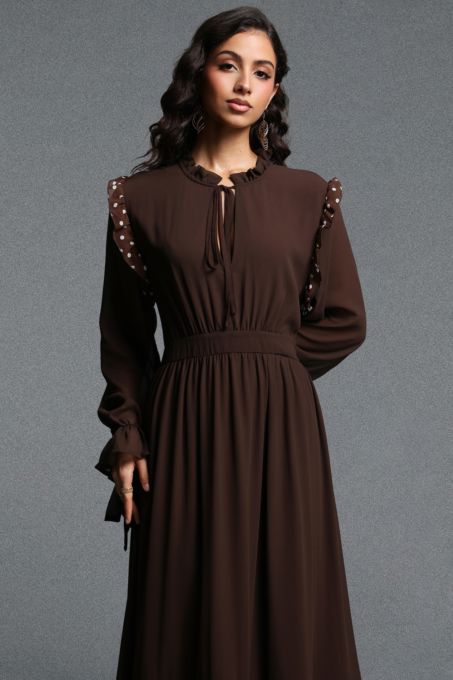 Huresa Vintage Flowy Long Sleeve Polka Dot Ruffle Woven Maxi Dress
