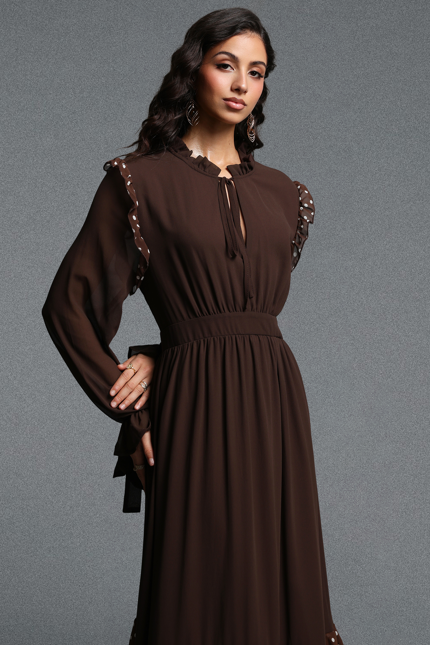 Huresa Vintage Flowy Long Sleeve Polka Dot Ruffle Woven Maxi Dress