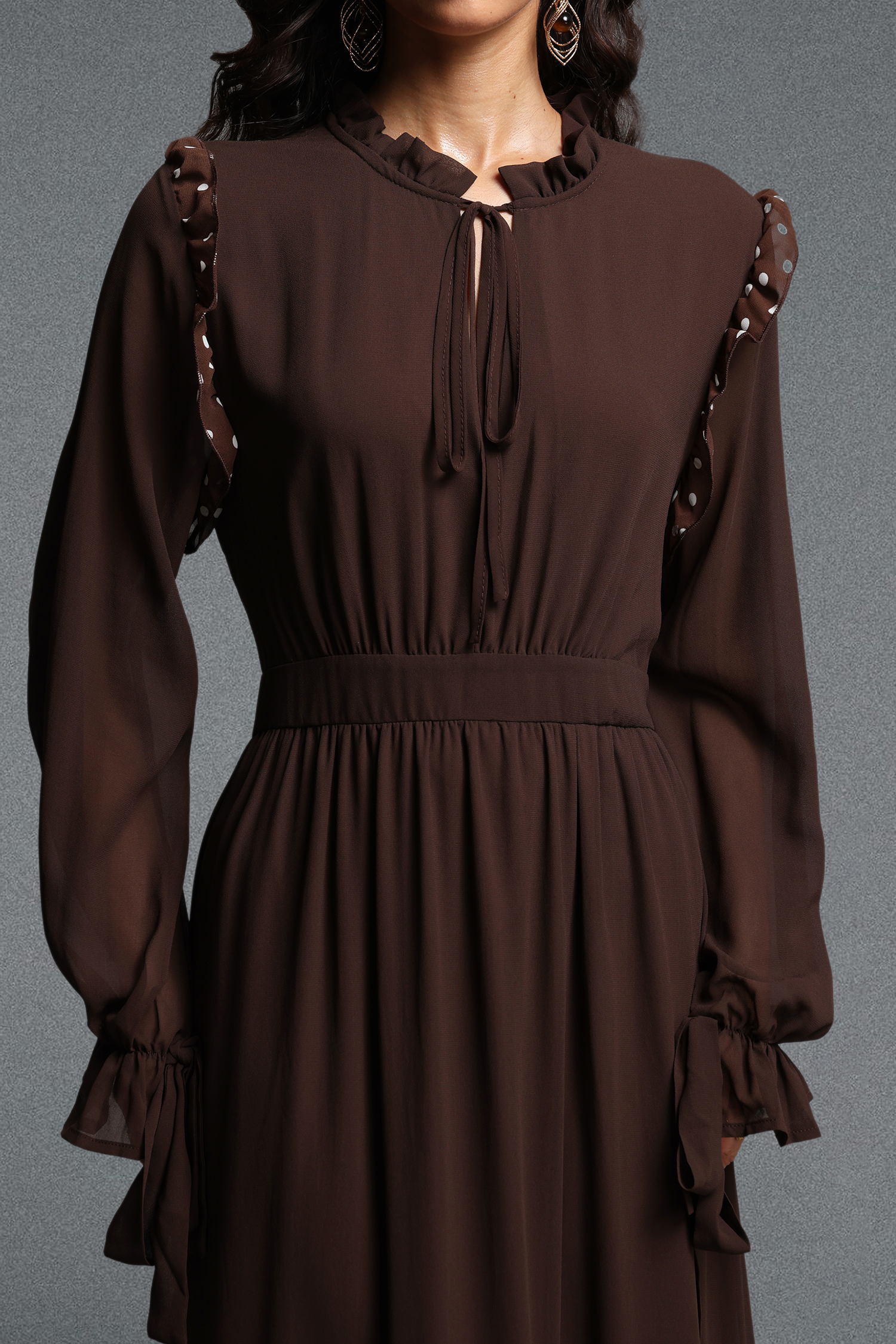 Huresa Vintage Flowy Long Sleeve Polka Dot Ruffle Woven Maxi Dress