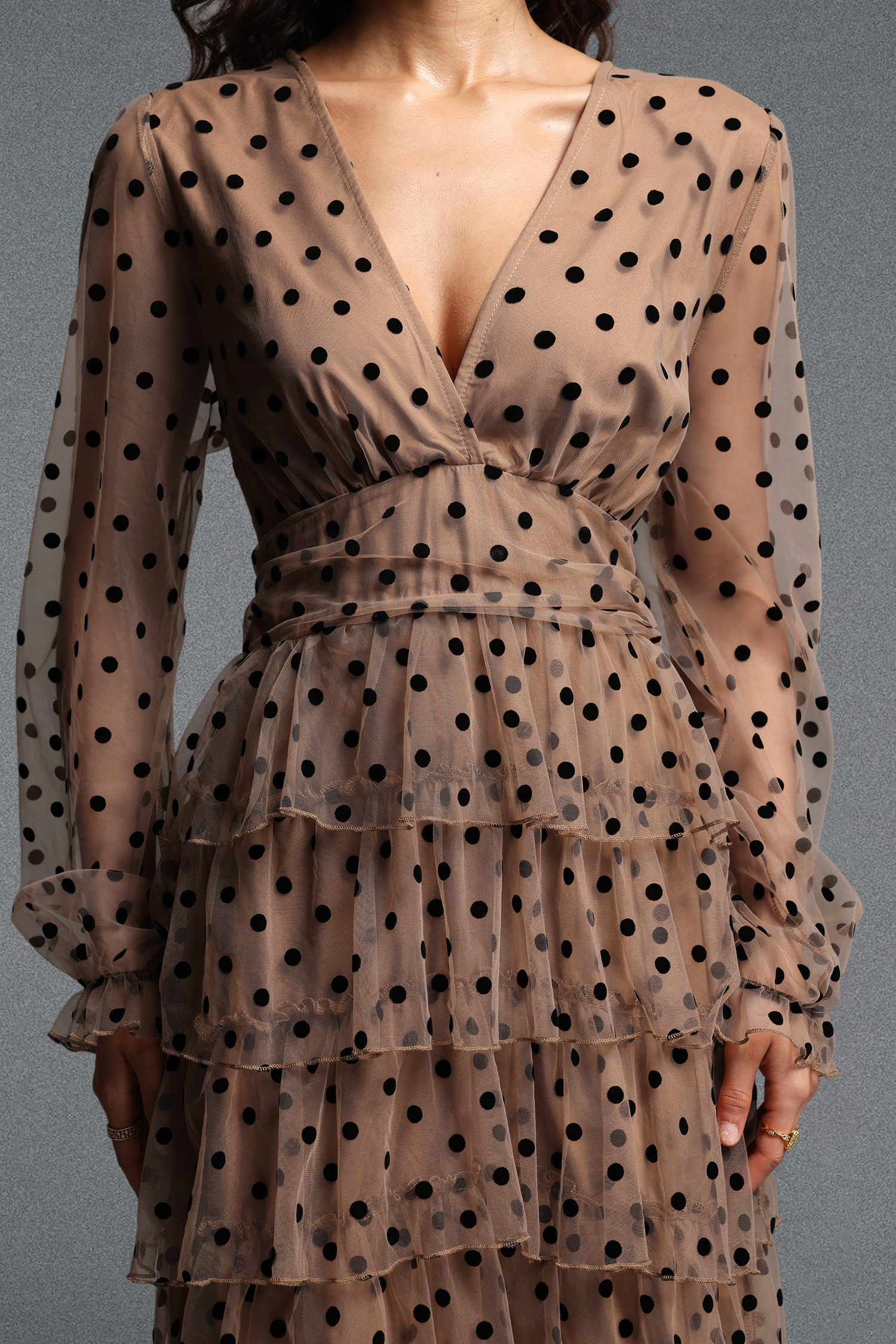 Fenby Romantic Flowy V Neck Long Sleeve Polka Dot Tulle Mini Dress