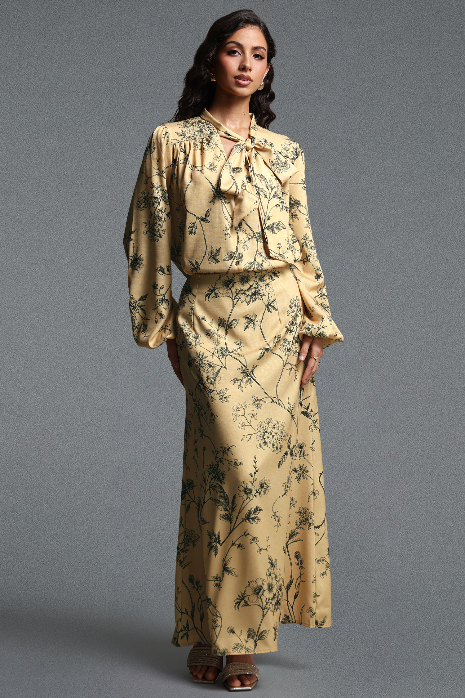 Priscilla Vintage Tailored Long Sleeve Floral Print Woven Top and Skirt Two Piece Set