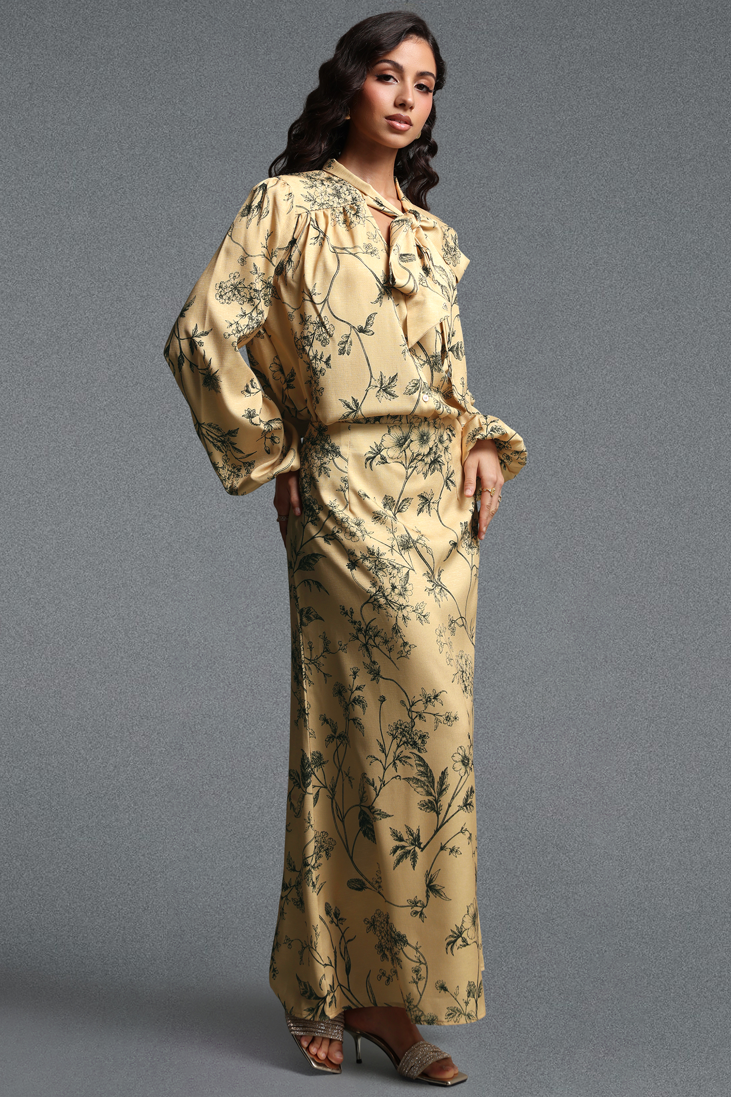 Priscilla Vintage Tailored Long Sleeve Floral Print Woven Top and Skirt Two Piece Set