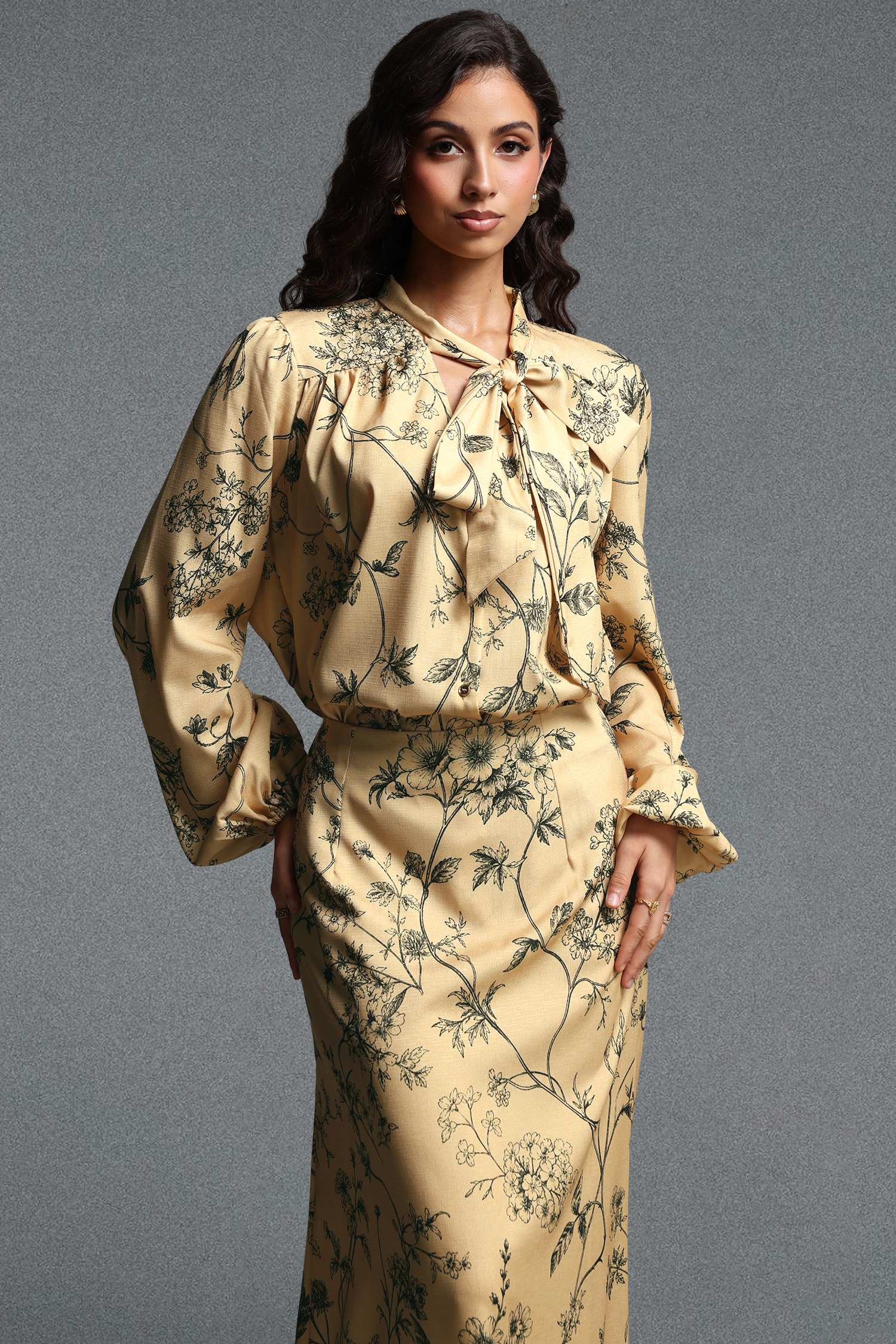 Priscilla Vintage Tailored Long Sleeve Floral Print Woven Top and Skirt Two Piece Set