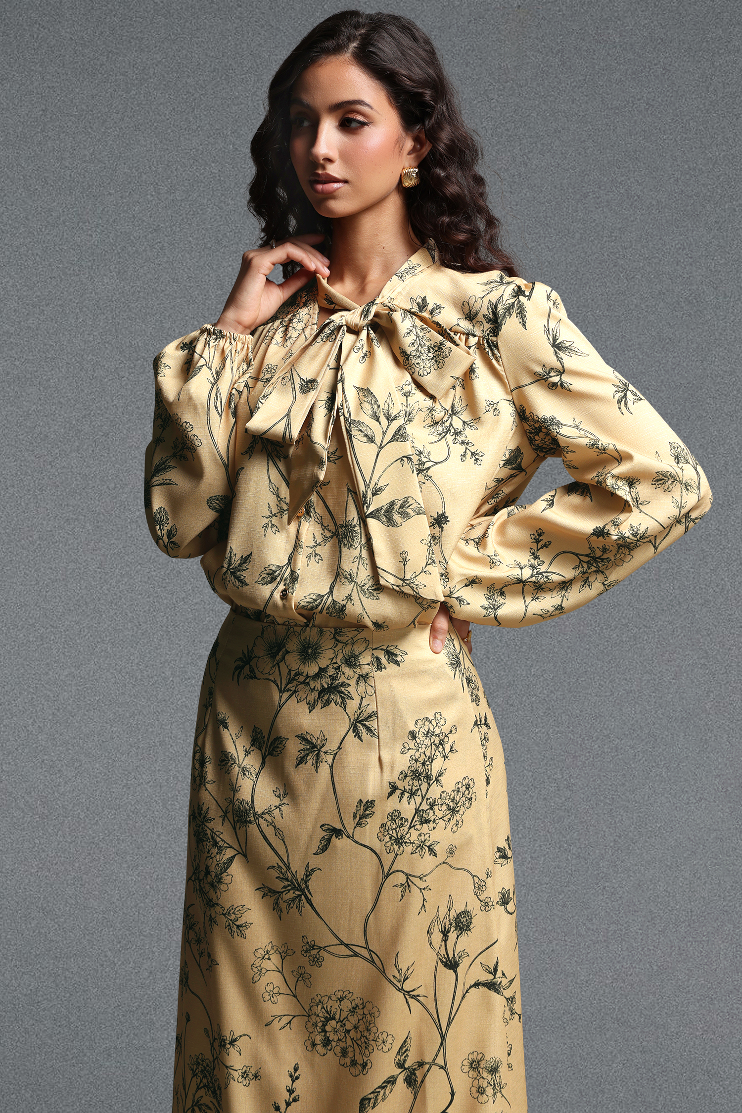 Priscilla Vintage Tailored Long Sleeve Floral Print Woven Top and Skirt Two Piece Set