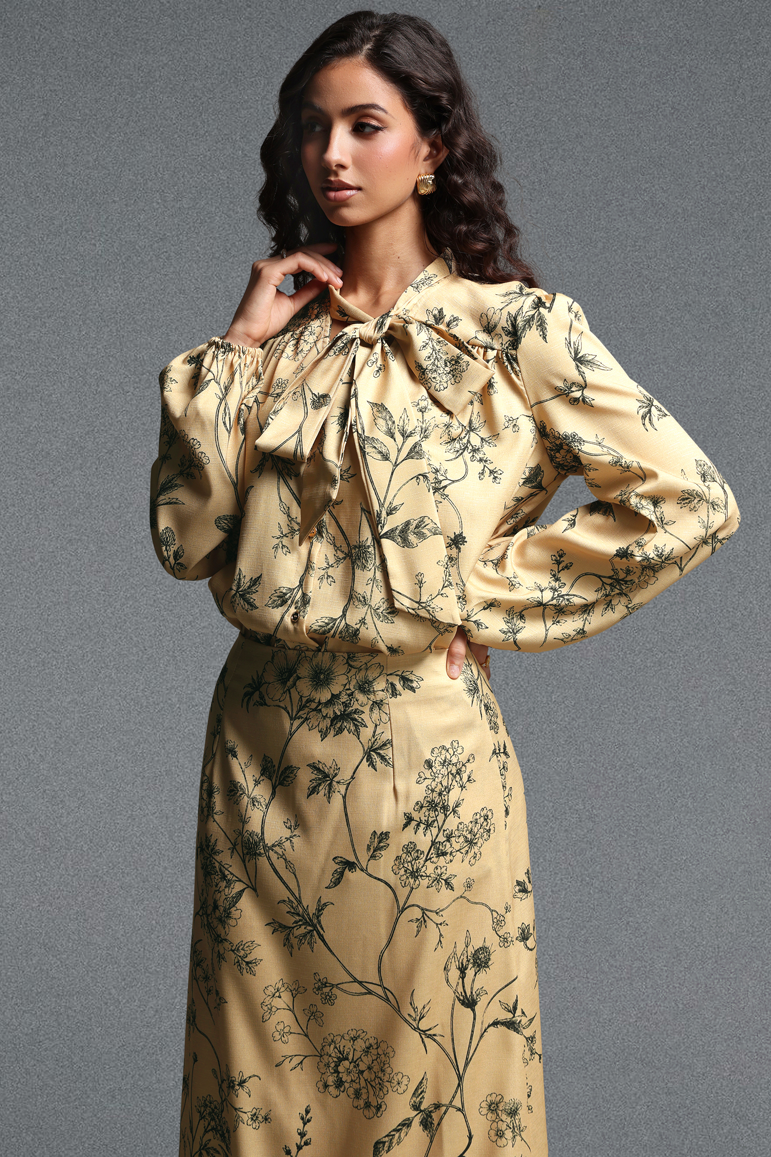 Priscilla Vintage Tailored Long Sleeve Floral Print Woven Top and Skirt Two Piece Set