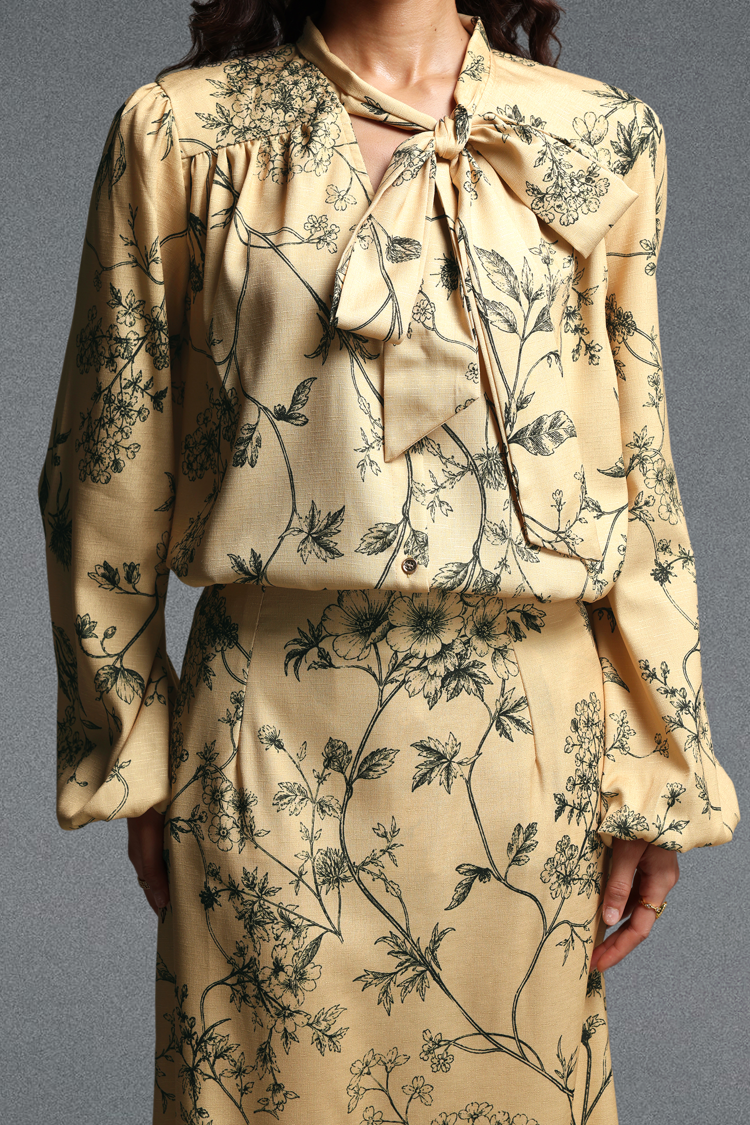 Priscilla Vintage Tailored Long Sleeve Floral Print Woven Top and Skirt Two Piece Set