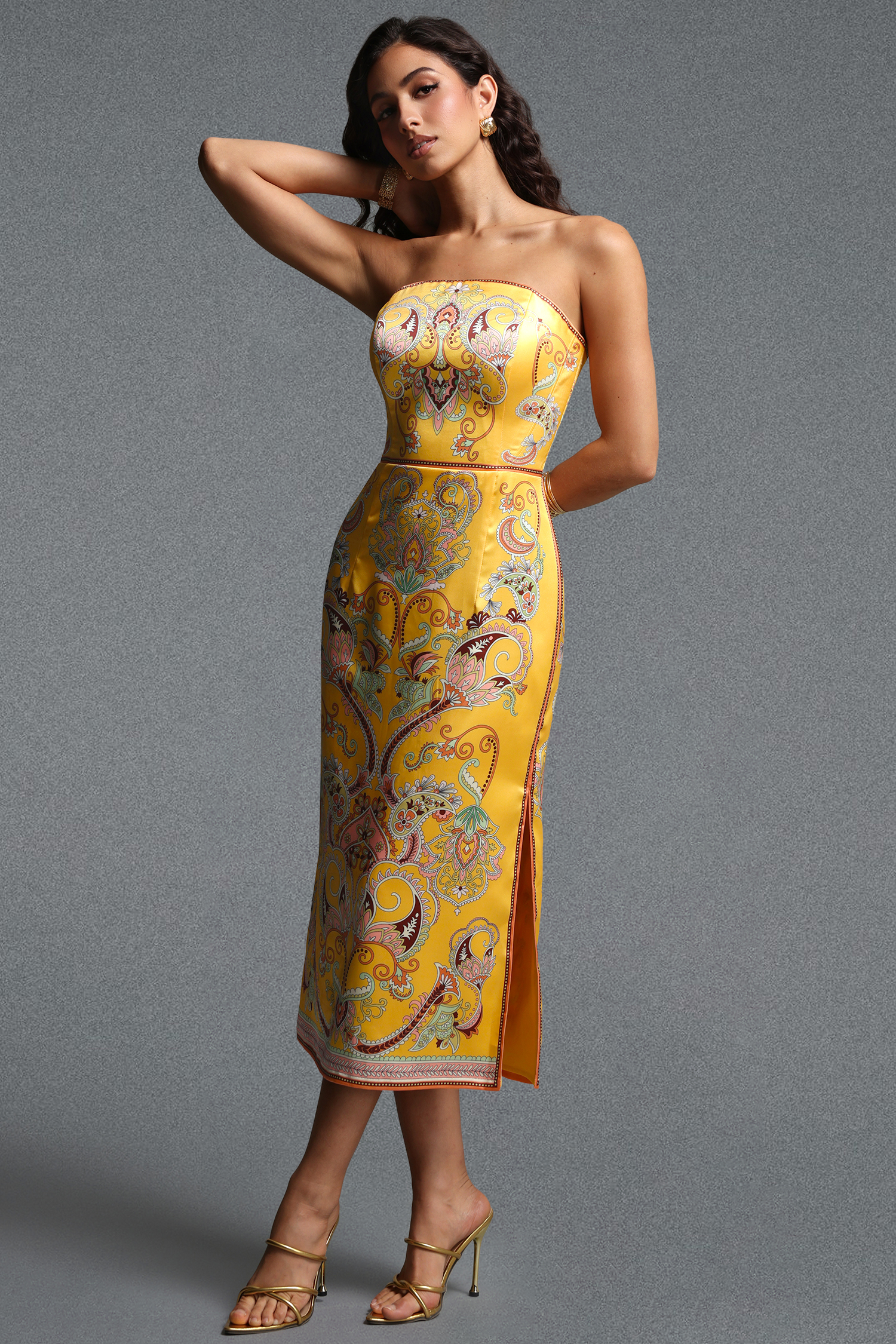 Marion Strapless Printed Twill Midi Dress