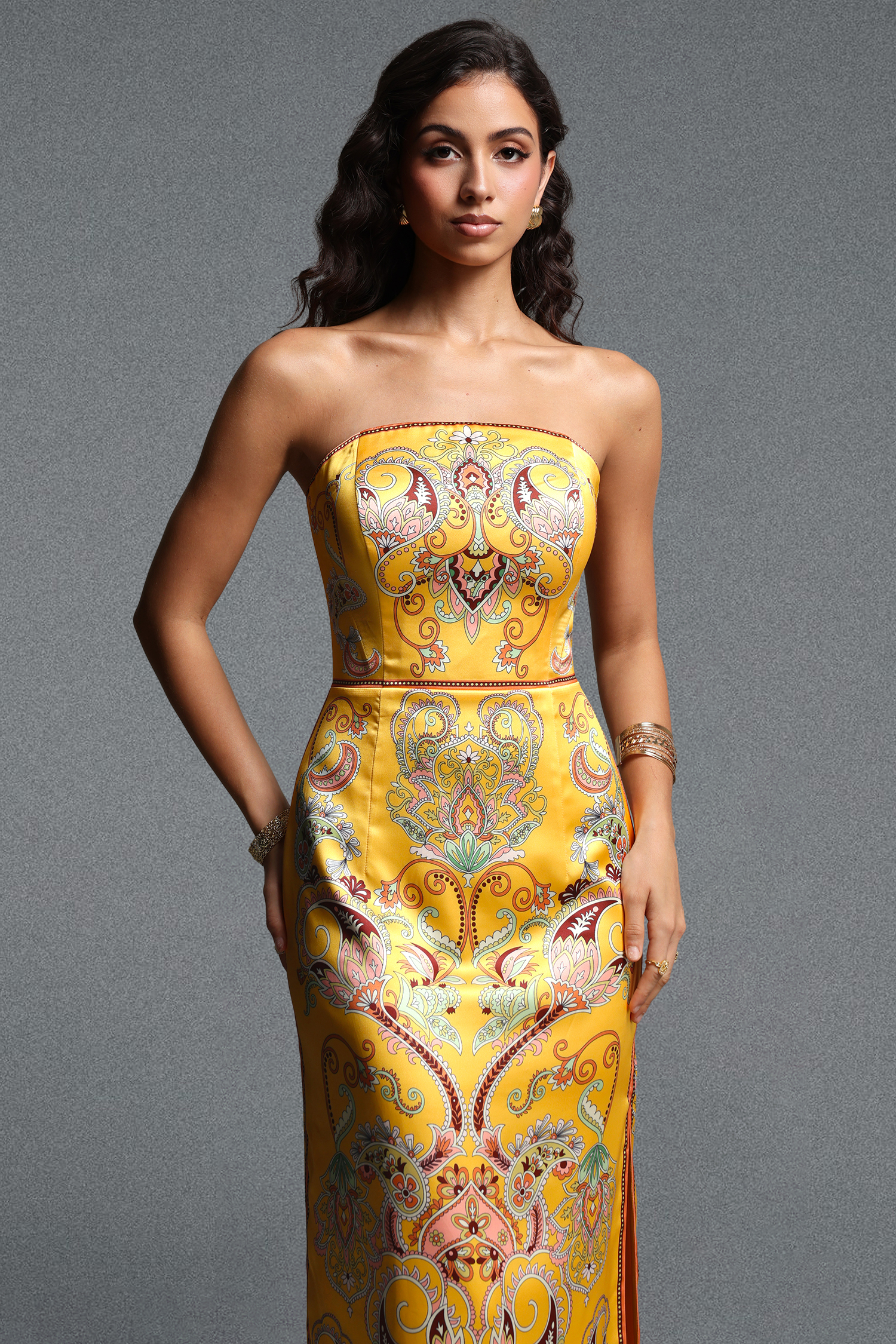 Marion Strapless Printed Twill Midi Dress