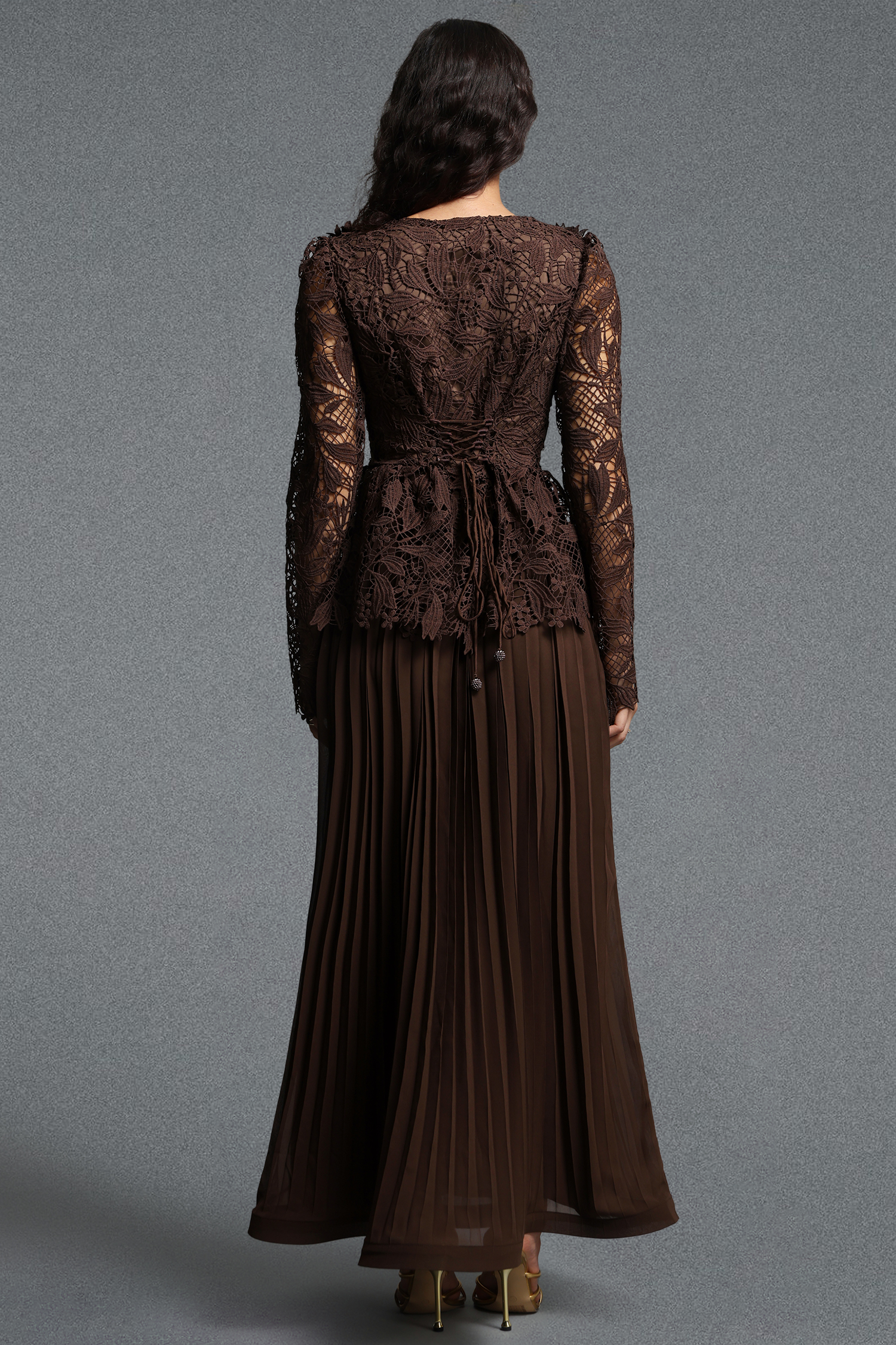 Lucica Romantic Flowy Long Sleeve Floral Lace Brown Top and Skirt Two Piece Set
