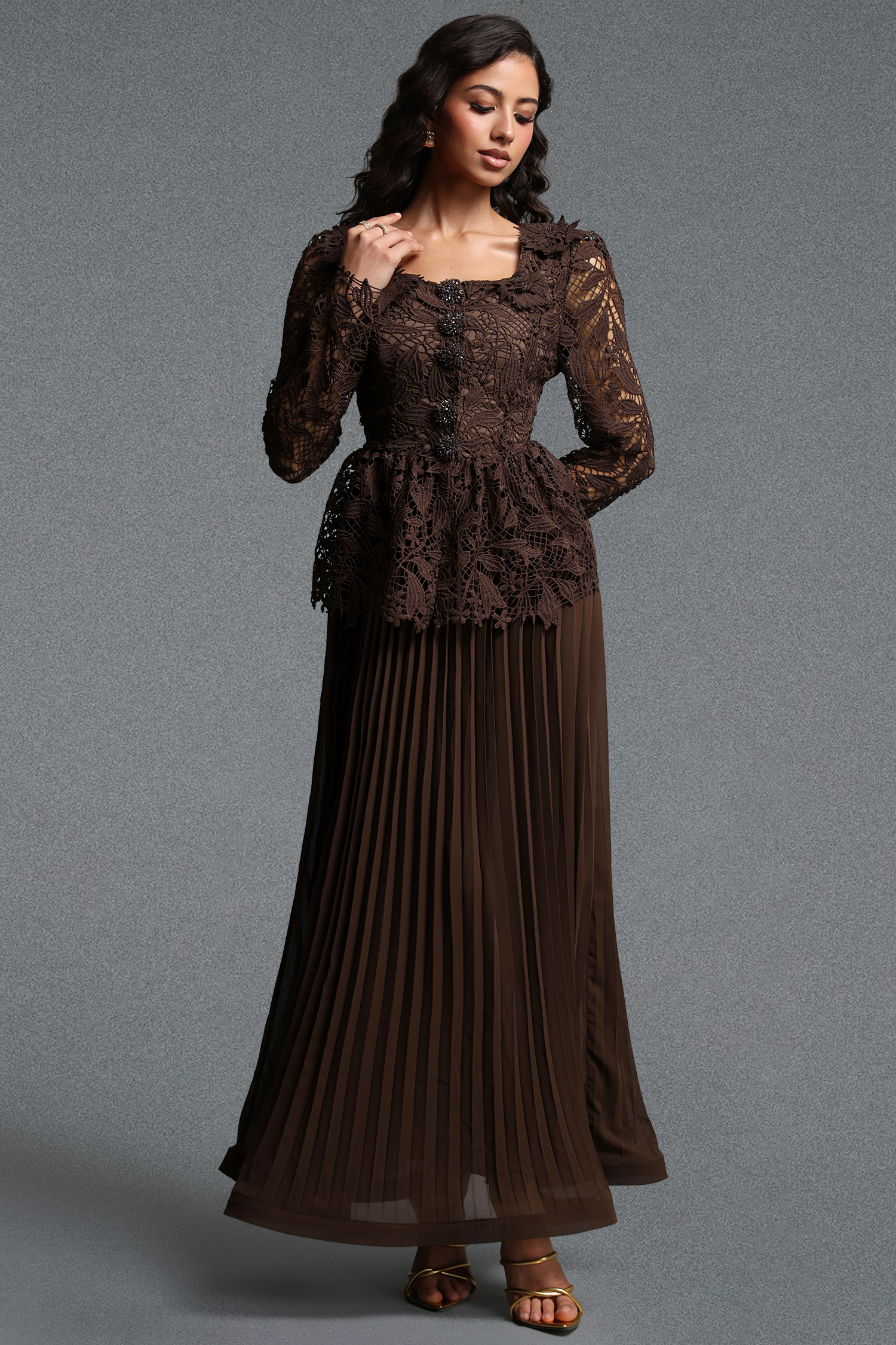 Lucica Romantic Flowy Long Sleeve Floral Lace Brown Top and Skirt Two Piece Set