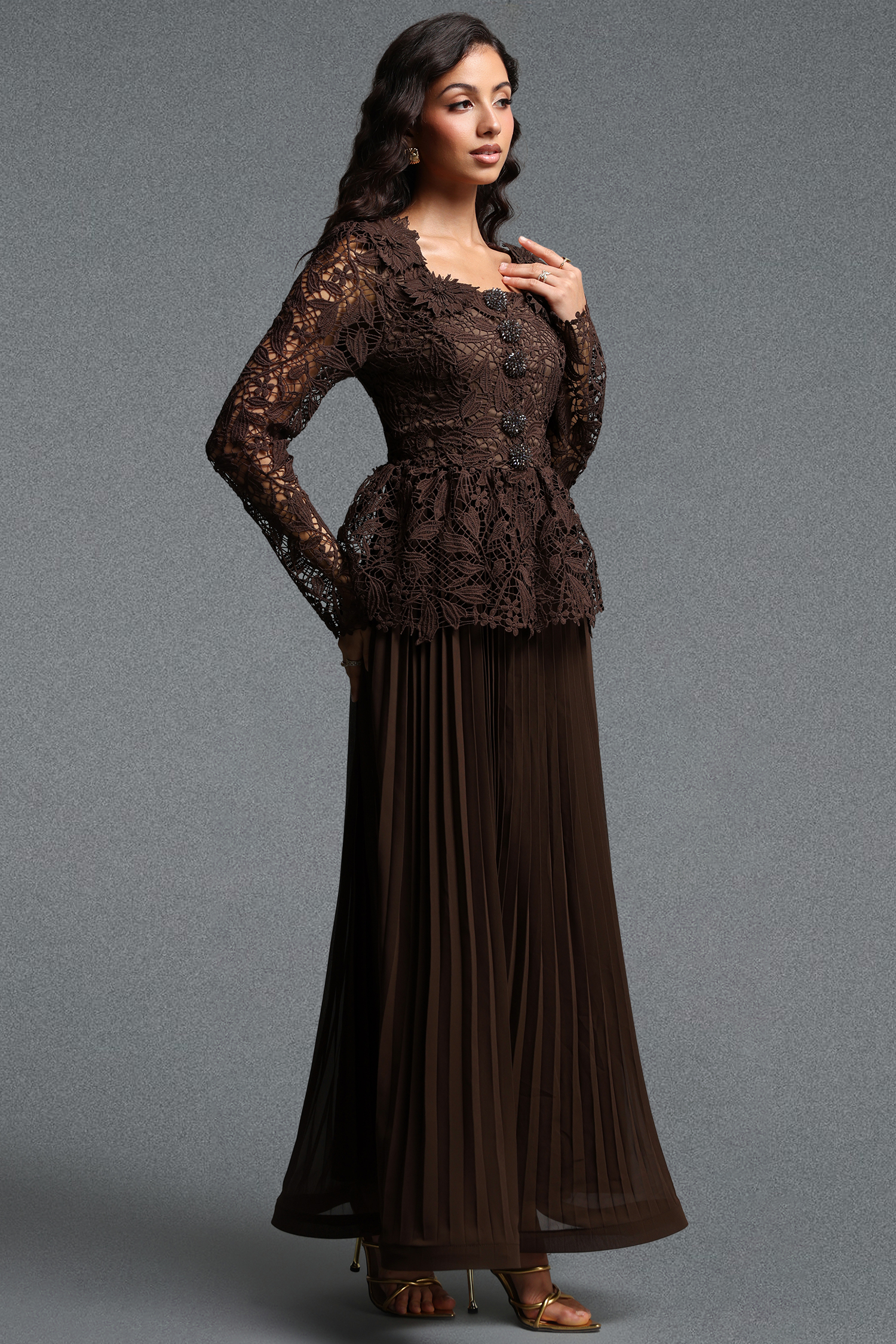 Lucica Romantic Flowy Long Sleeve Floral Lace Brown Top and Skirt Two Piece Set