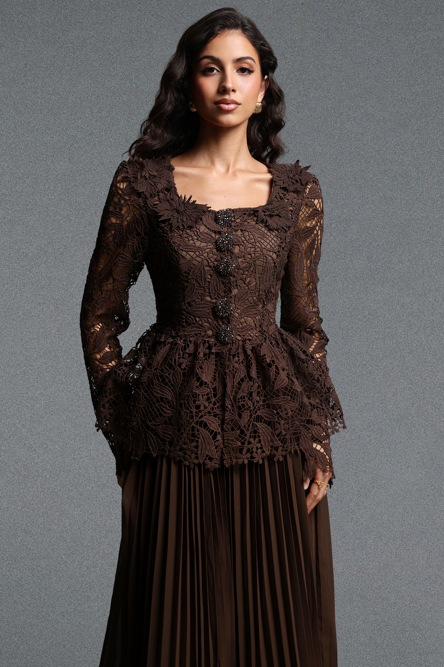 Lucica Romantic Flowy Long Sleeve Floral Lace Brown Top and Skirt Two Piece Set