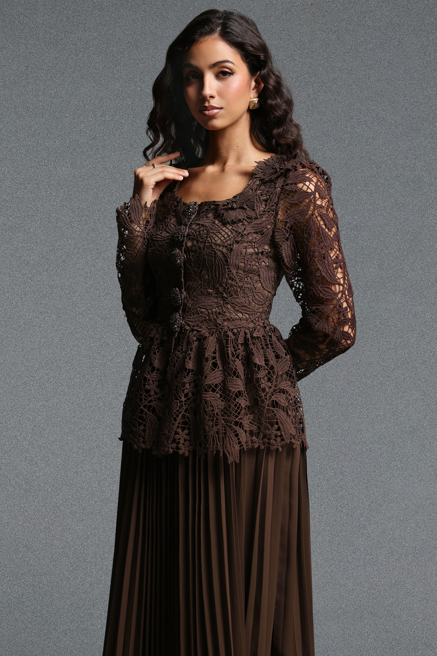Lucica Romantic Flowy Long Sleeve Floral Lace Brown Top and Skirt Two Piece Set