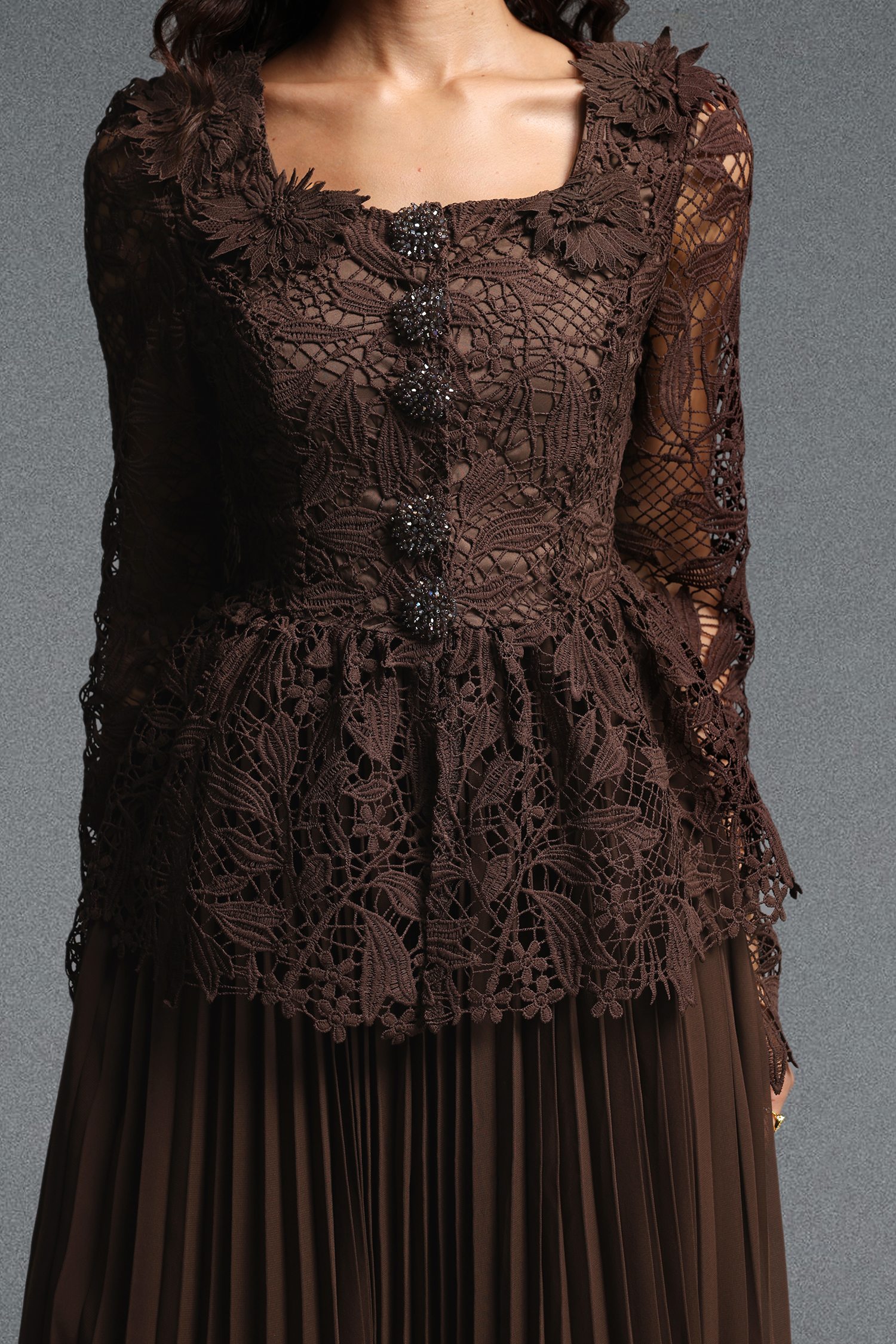 Lucica Romantic Flowy Long Sleeve Floral Lace Brown Top and Skirt Two Piece Set