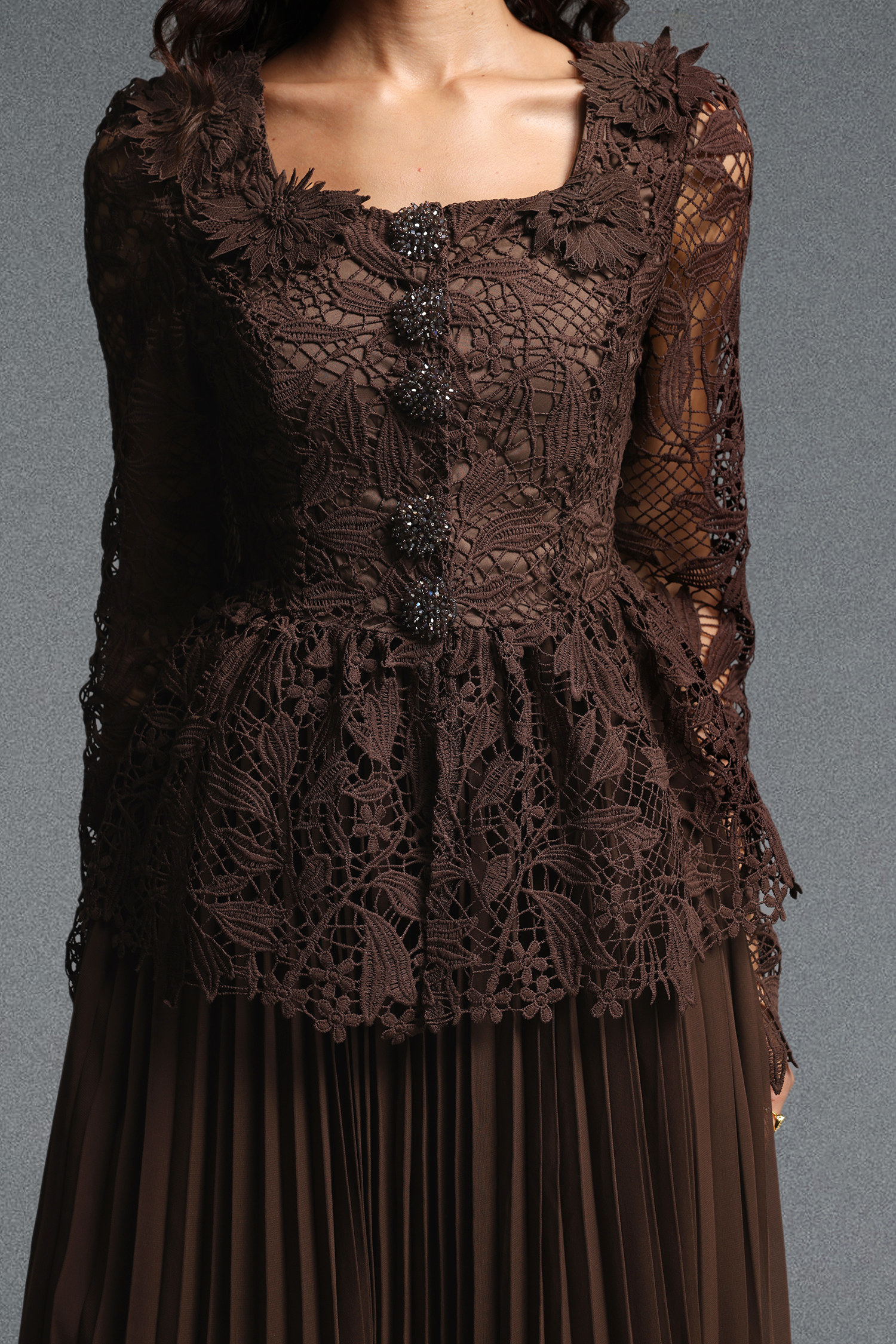 Lucica Romantic Flowy Long Sleeve Floral Lace Brown Top and Skirt Two Piece Set