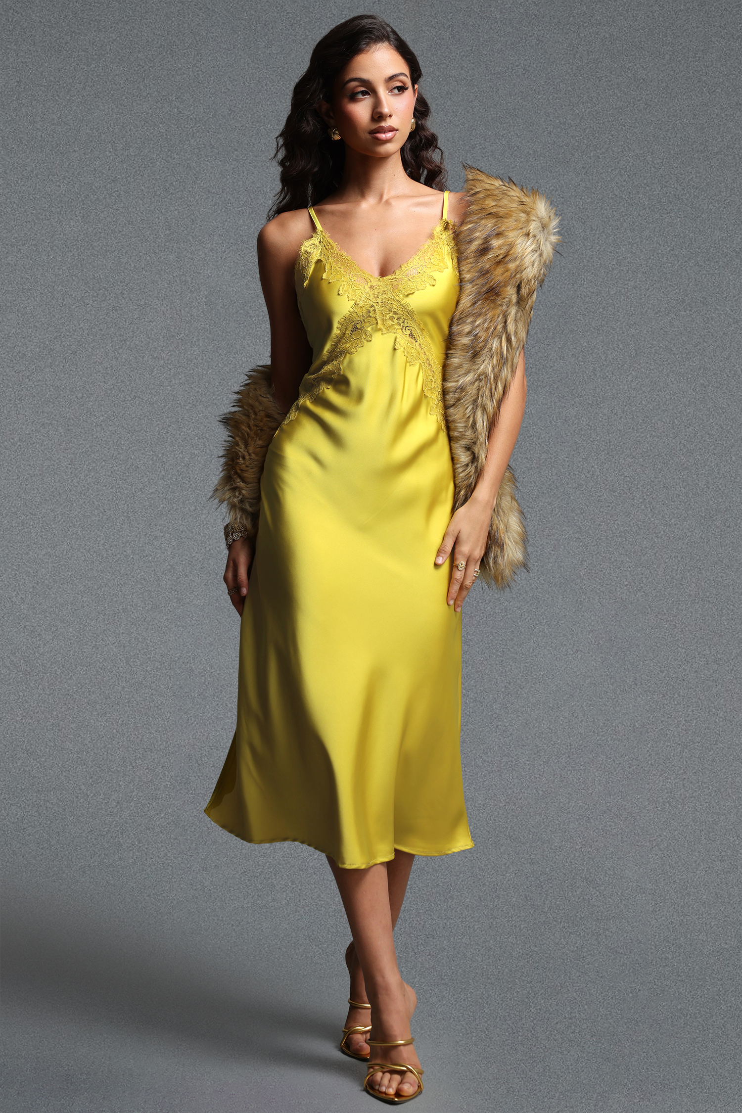 Ysabel Romantic Flowy V Neck Lace Trimmed Satin Midi Dress