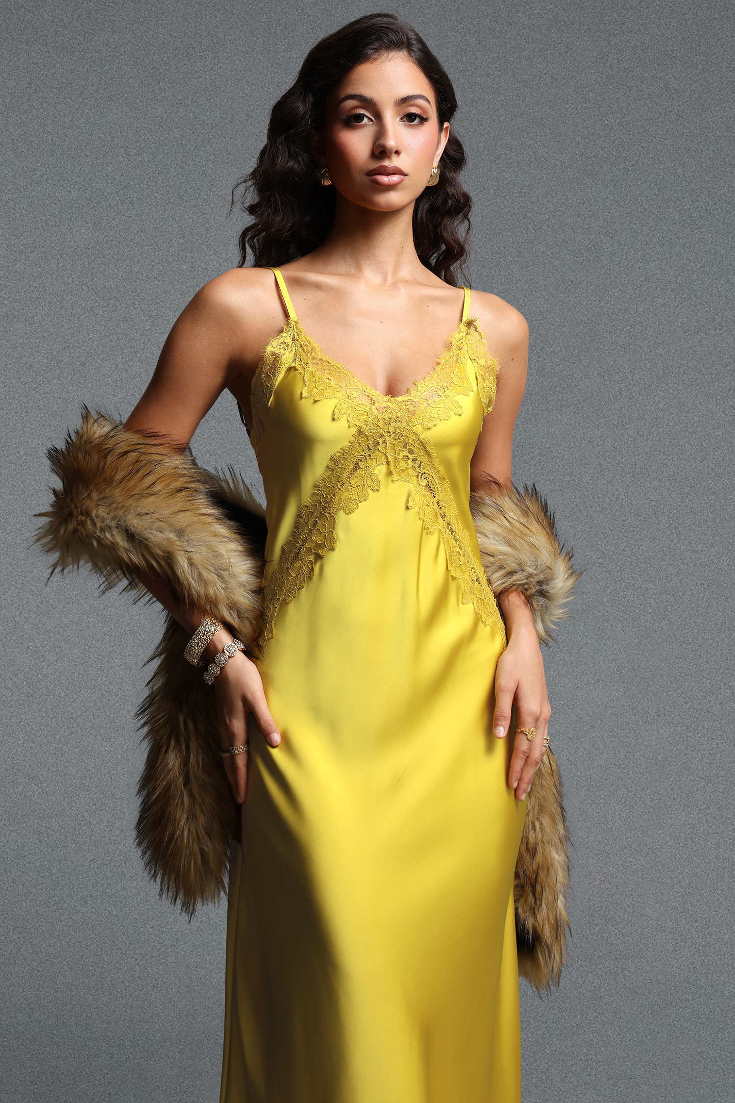 Ysabel Romantic Flowy V Neck Lace Trimmed Satin Midi Dress