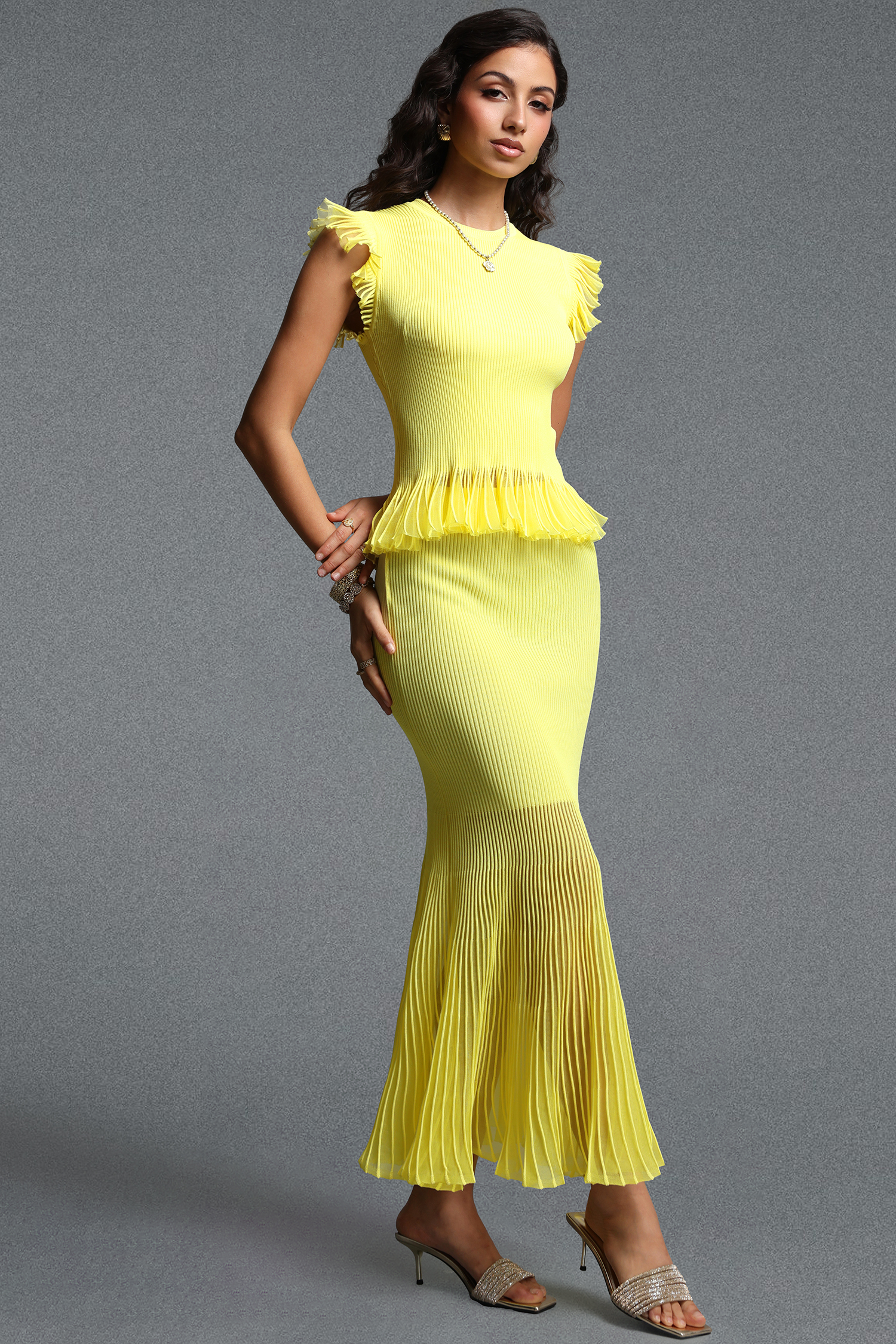 Debra Romantic Contour Ruffle Knit Top and Skirt Two Piece Set