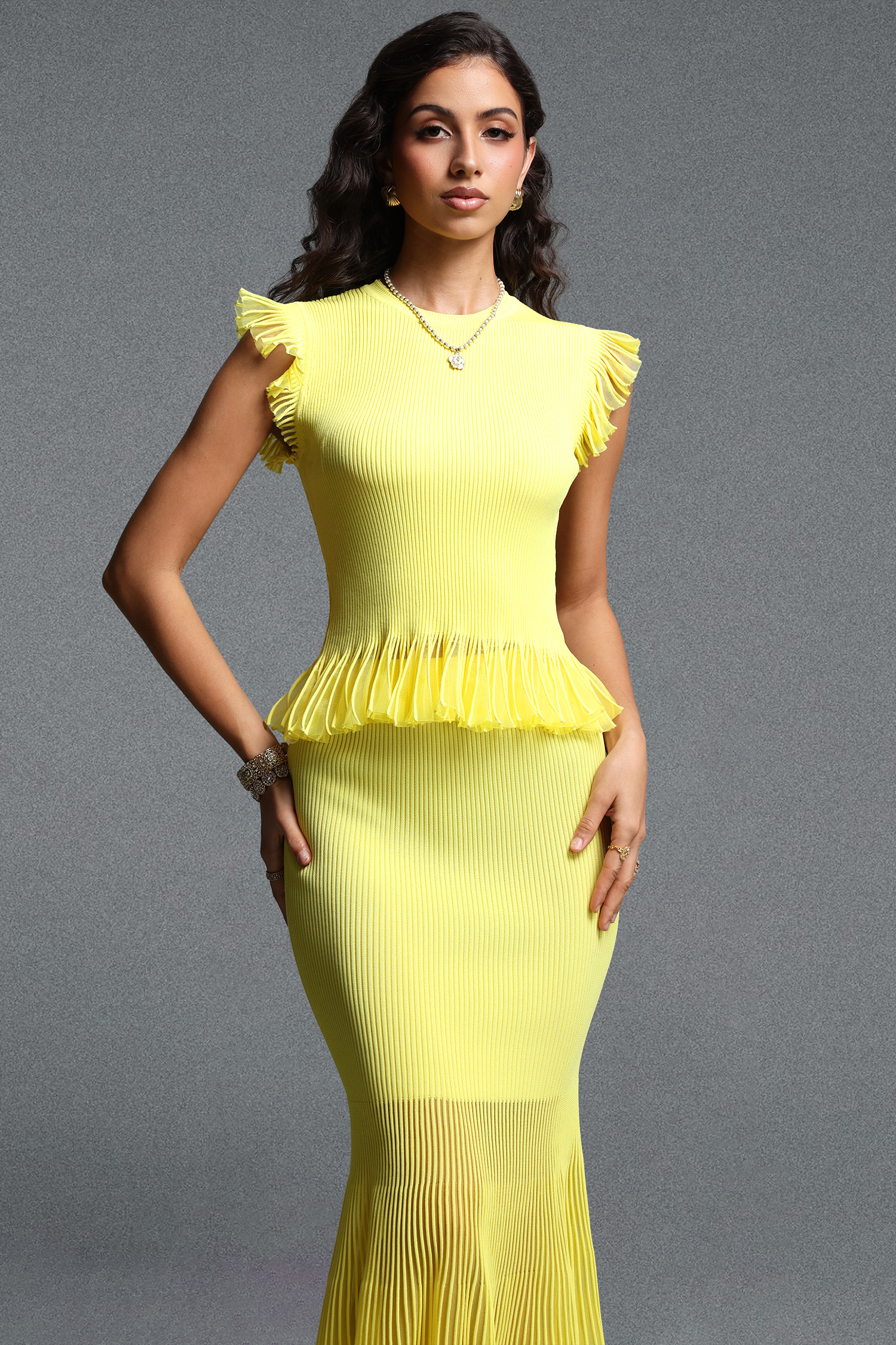 Debra Romantic Contour Ruffle Knit Top and Skirt Two Piece Set