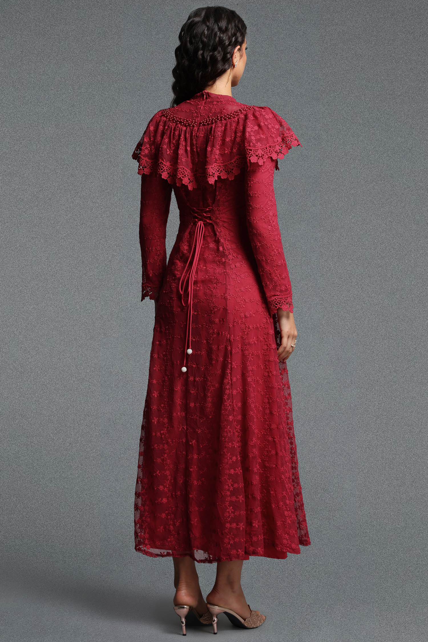 Joy Romantic Contour Cape Ruffle Collar Long Sleeve Floral Lace Maxi Dress