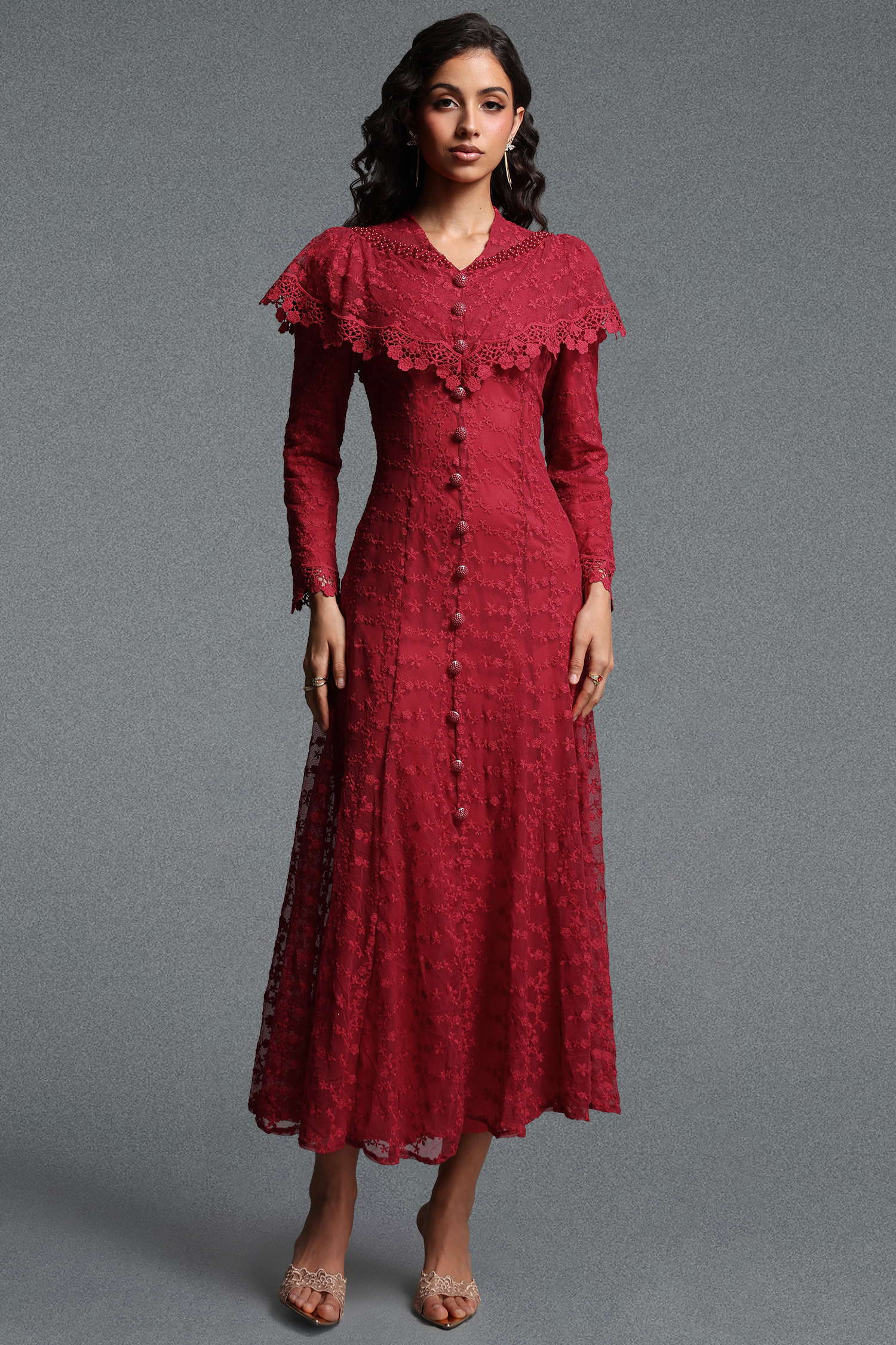 Joy Romantic Contour Cape Ruffle Collar Long Sleeve Floral Lace Maxi Dress
