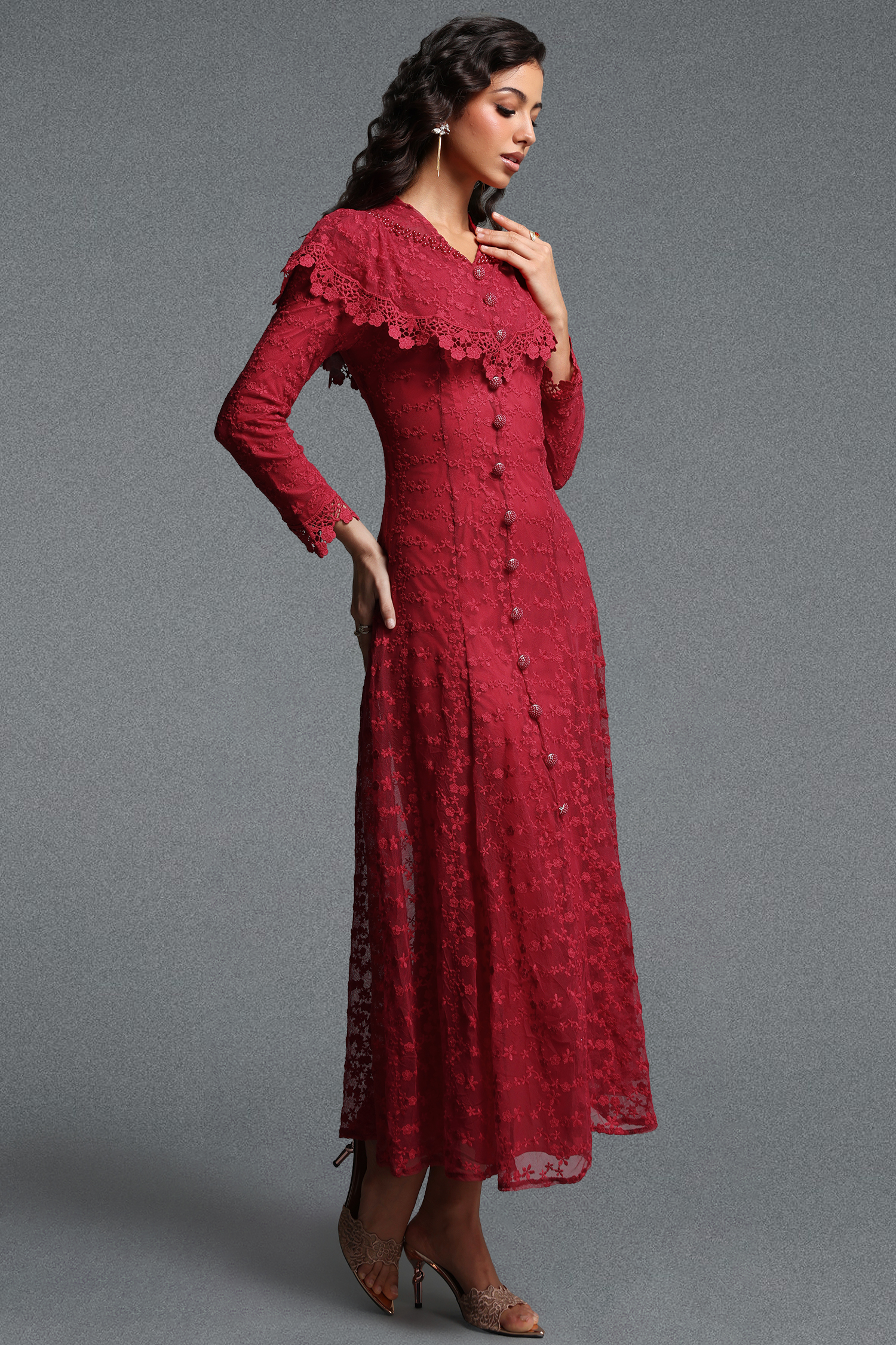 Joy Romantic Contour Cape Ruffle Collar Long Sleeve Floral Lace Maxi Dress