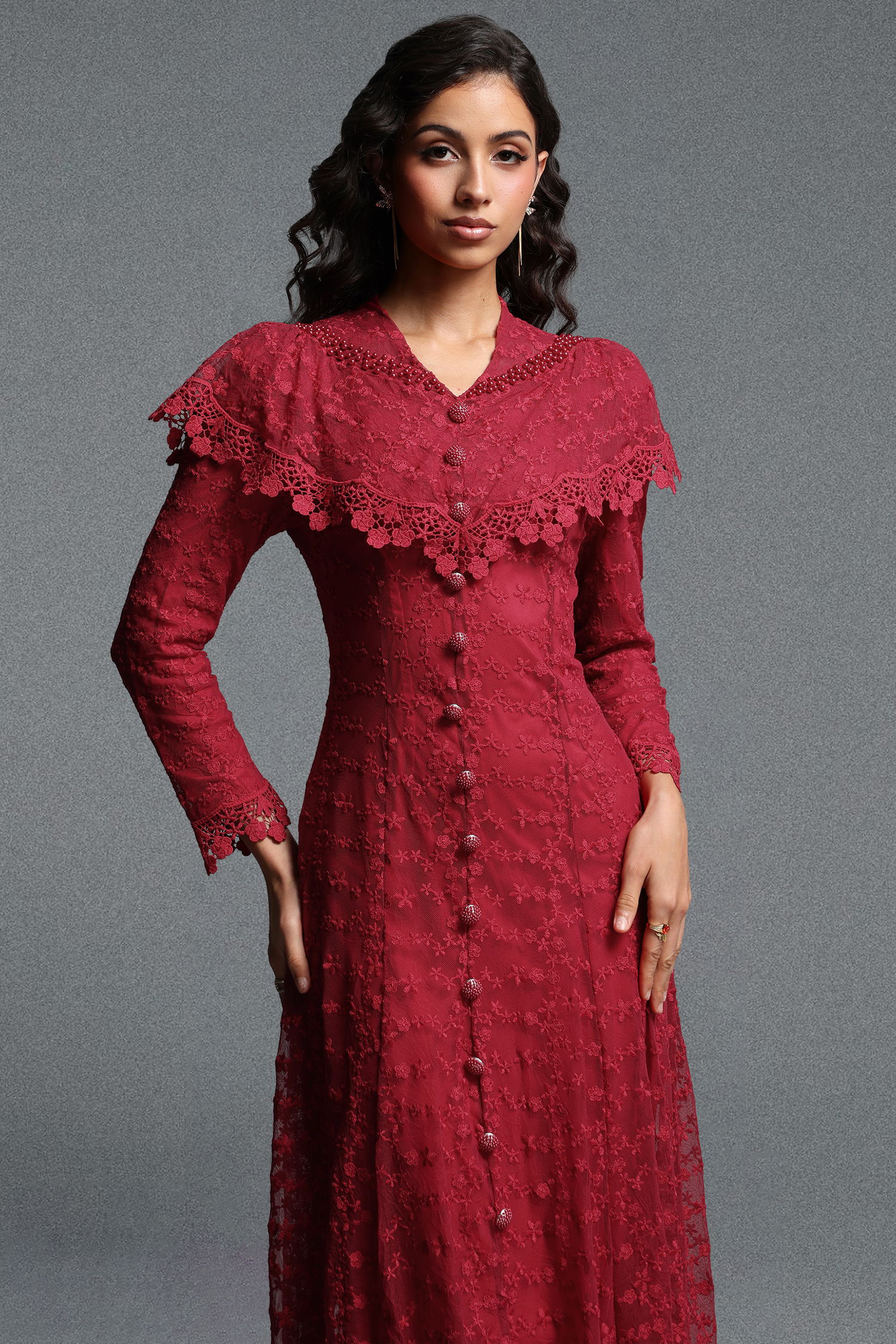 Joy Romantic Contour Cape Ruffle Collar Long Sleeve Floral Lace Maxi Dress
