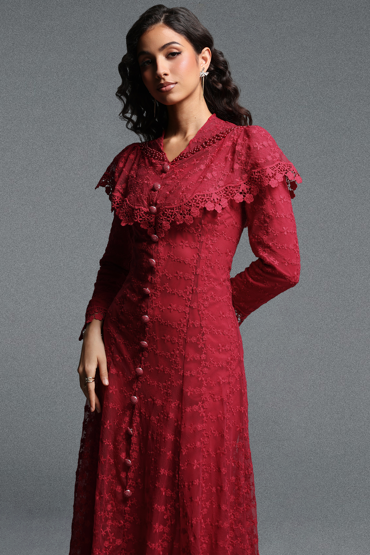 Joy Romantic Contour Cape Ruffle Collar Long Sleeve Floral Lace Maxi Dress
