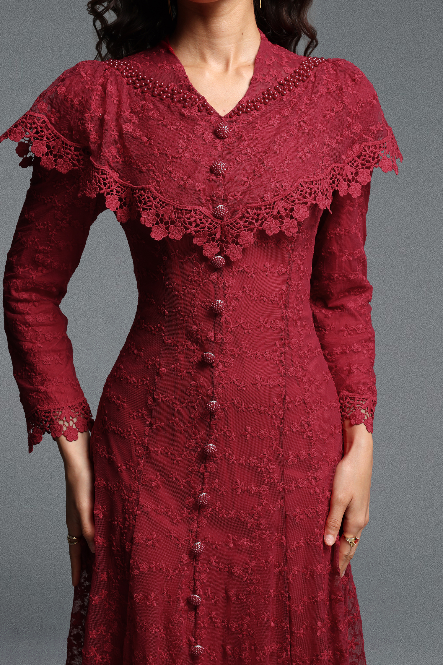 Joy Romantic Contour Cape Ruffle Collar Long Sleeve Floral Lace Maxi Dress
