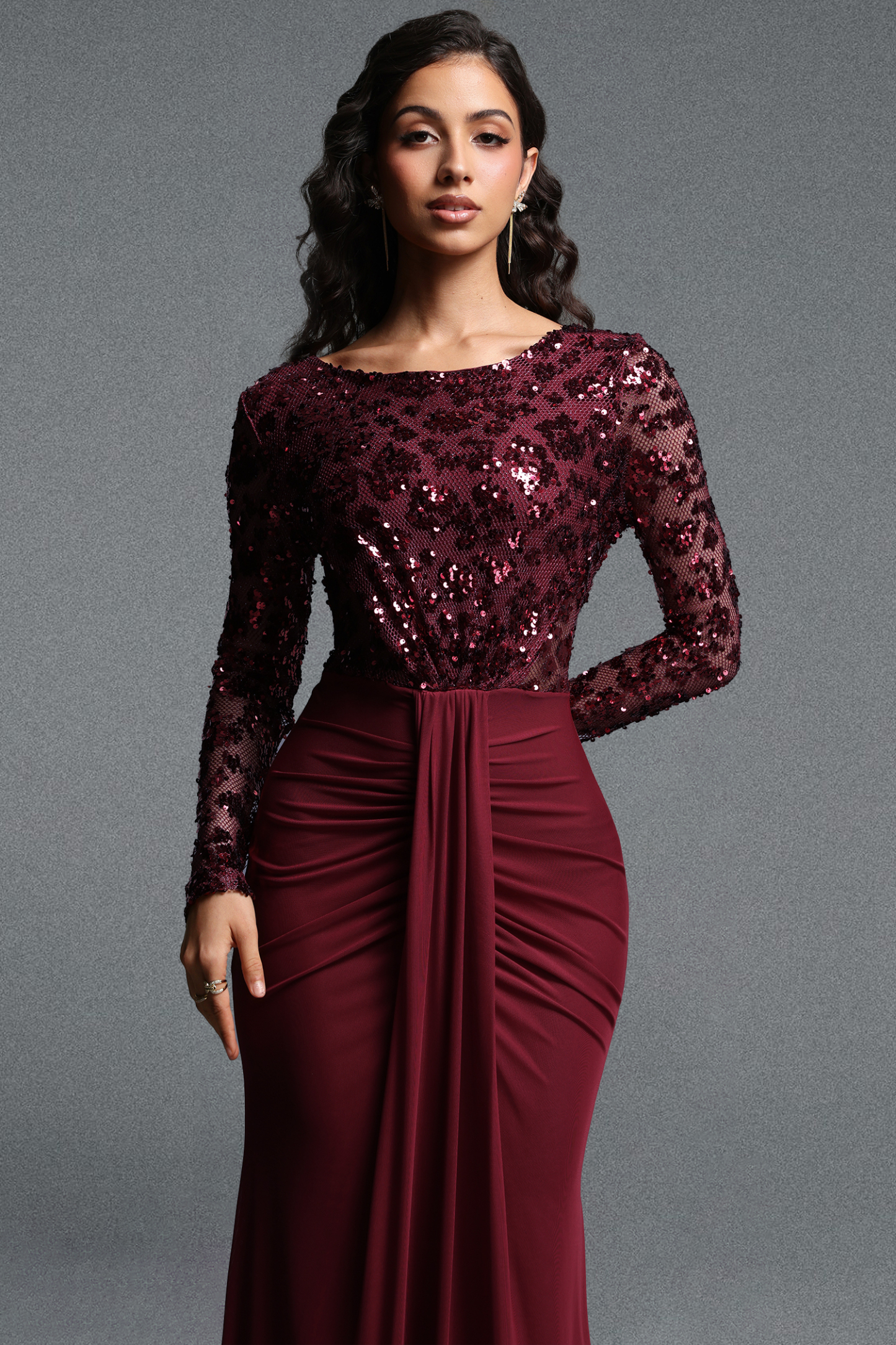 Kaitlyn Vintage Contour Round Neck Long Sleeve Sequin Knit Maxi Dress