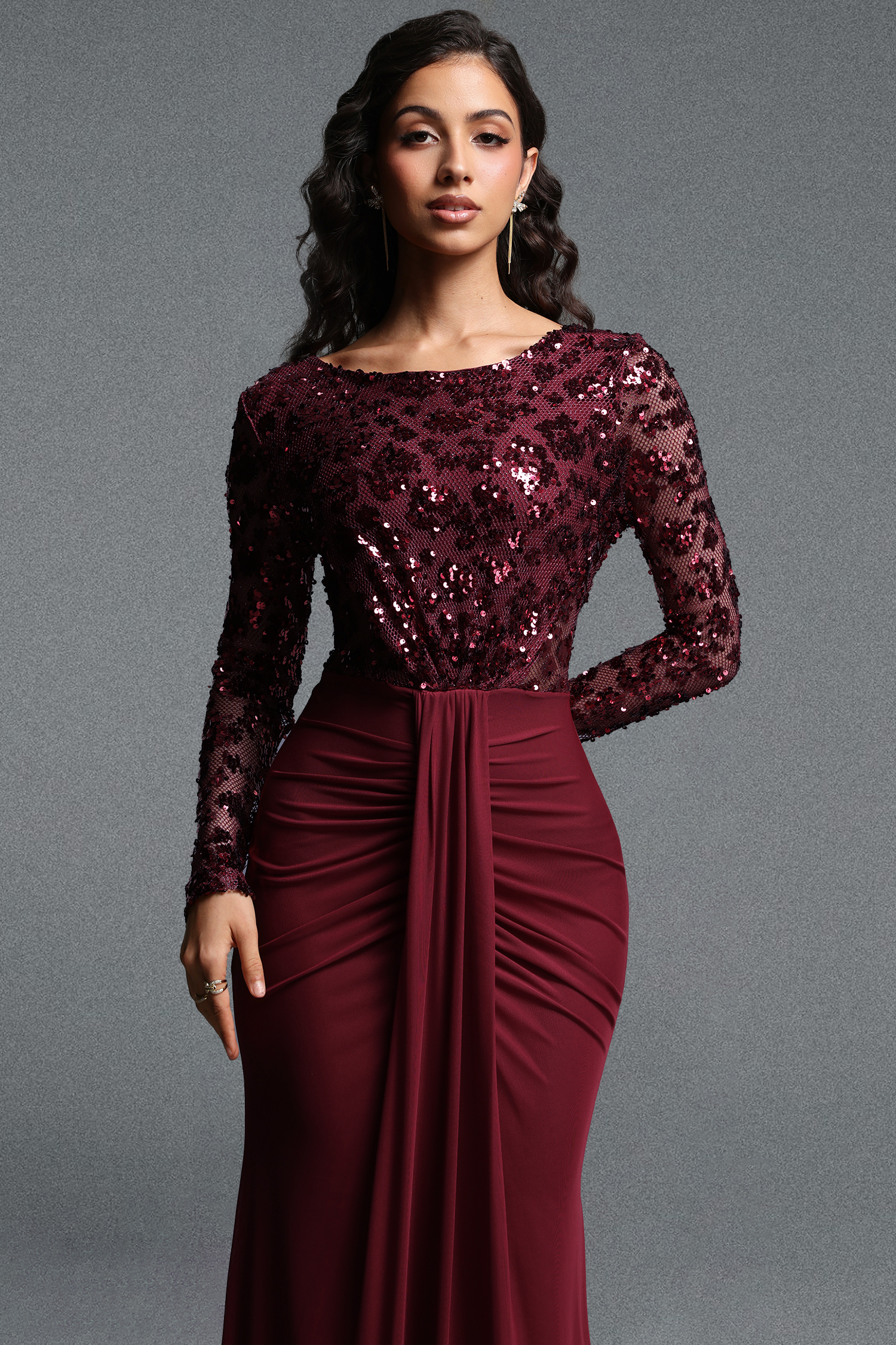 Kaitlyn Vintage Contour Round Neck Long Sleeve Sequin Knit Maxi Dress