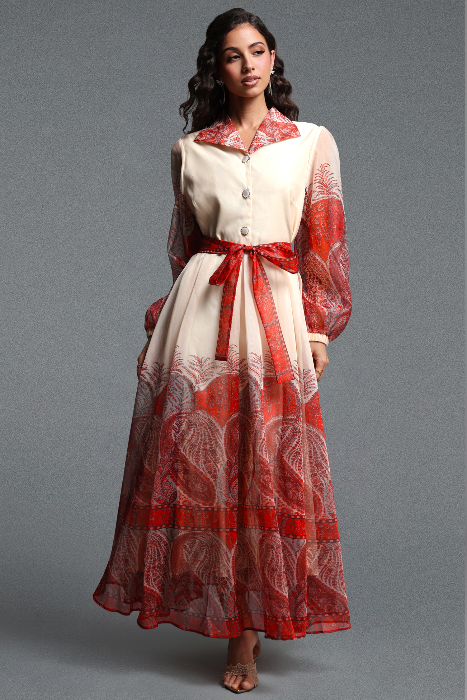 Millipin Romantic Flowy Long Sleeve Paisley Print Woven Maxi Dress