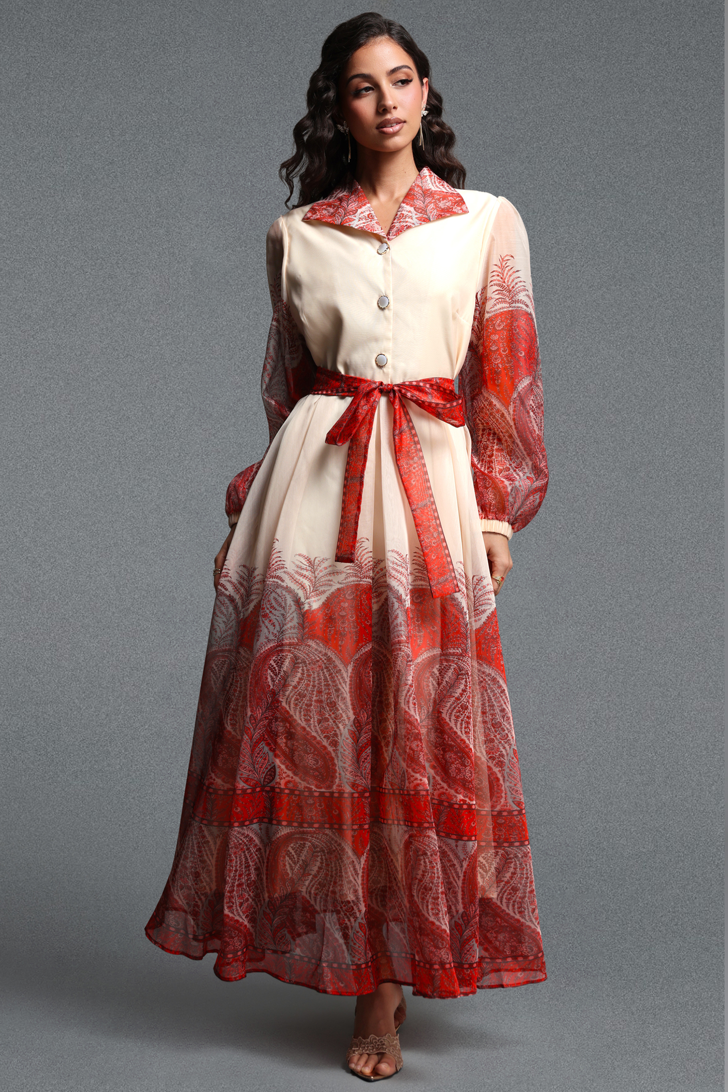Millipin Romantic Flowy Long Sleeve Paisley Print Woven Maxi Dress