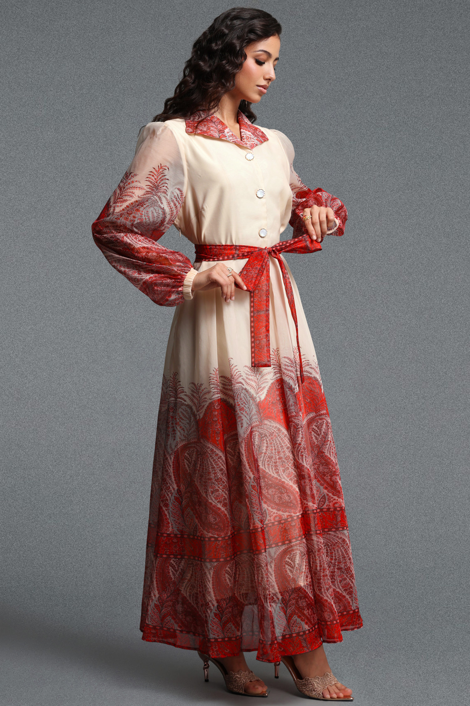 Millipin Romantic Flowy Long Sleeve Paisley Print Woven Maxi Dress