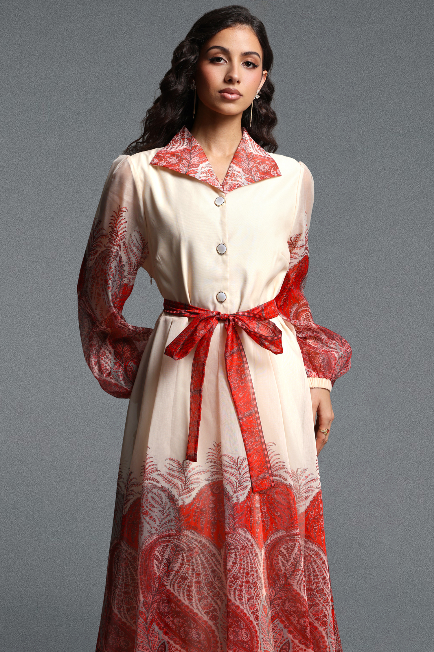 Millipin Romantic Flowy Long Sleeve Paisley Print Woven Maxi Dress