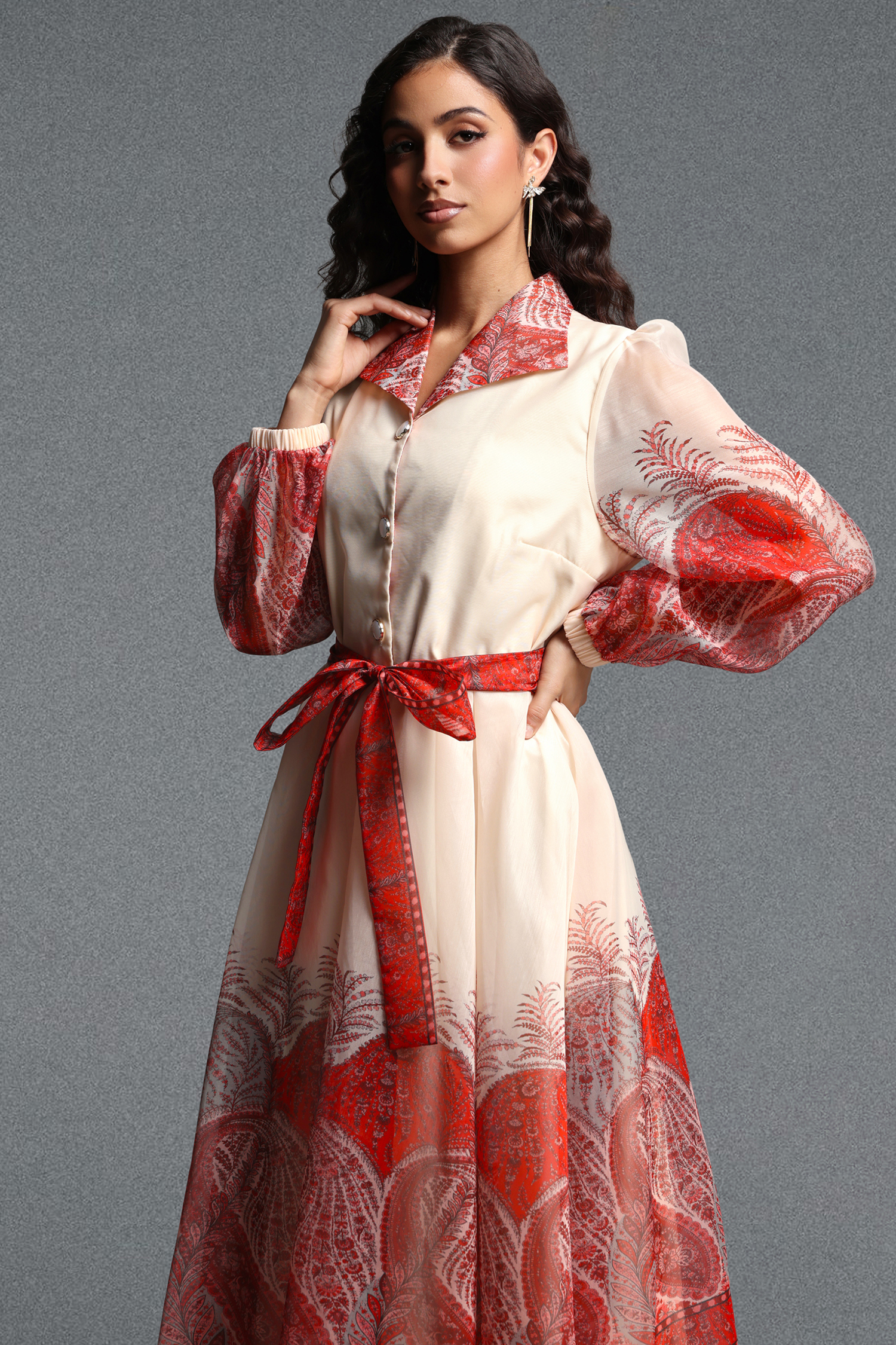 Millipin Romantic Flowy Long Sleeve Paisley Print Woven Maxi Dress