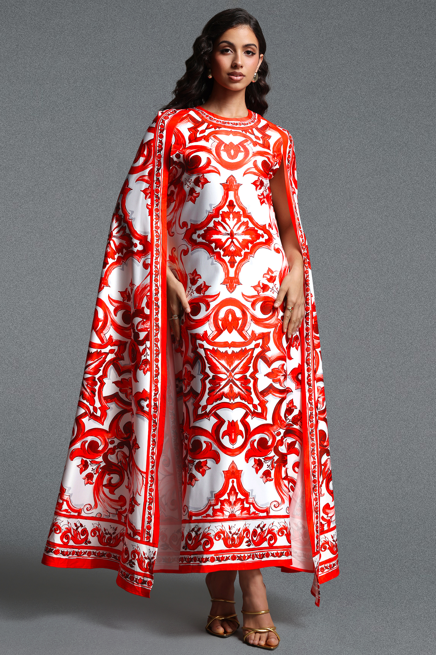 Skyler Vintage Flowy Round Neck Integrated Cape Overlay Print Woven Maxi Dress