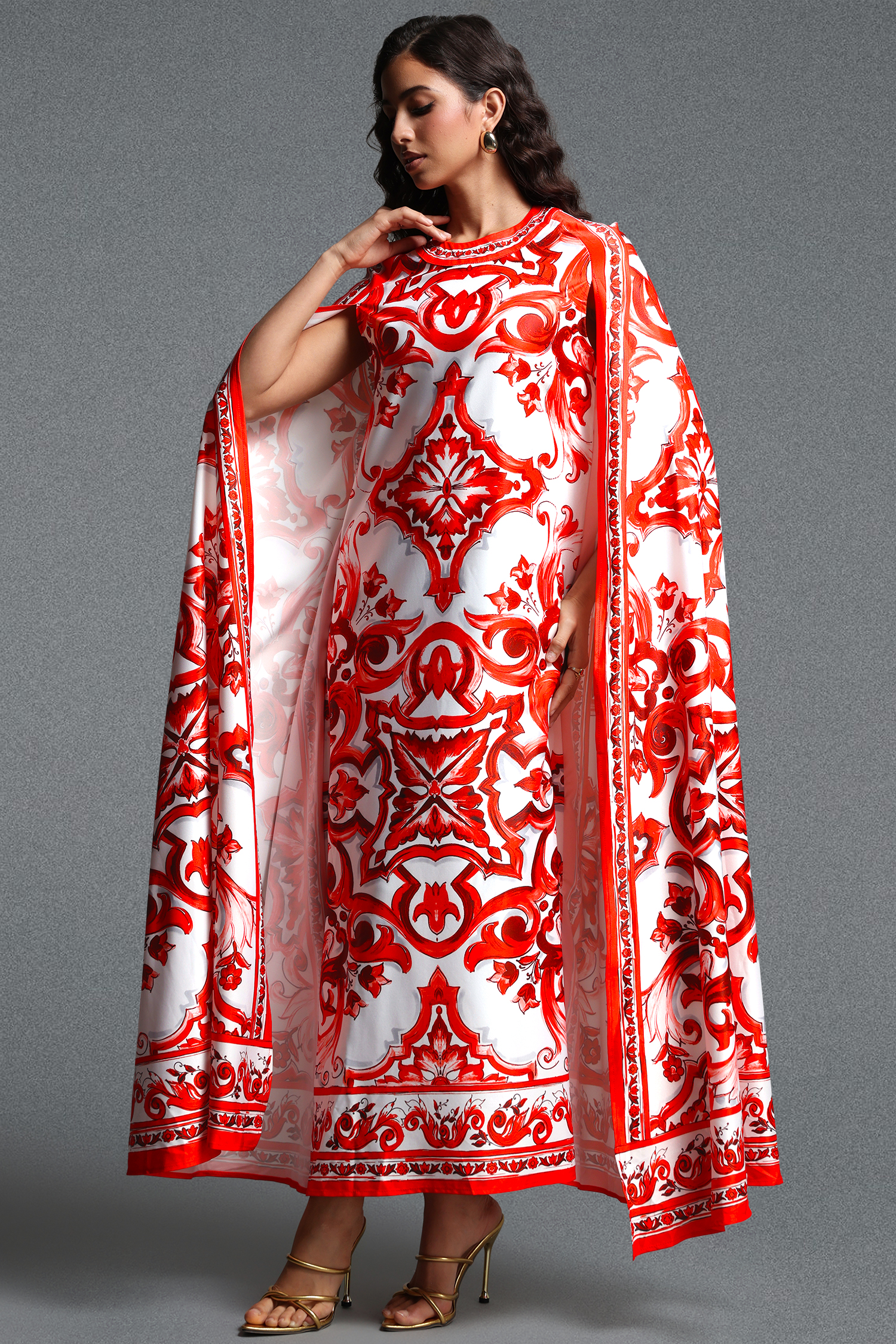 Skyler Vintage Flowy Round Neck Integrated Cape Overlay Print Woven Maxi Dress