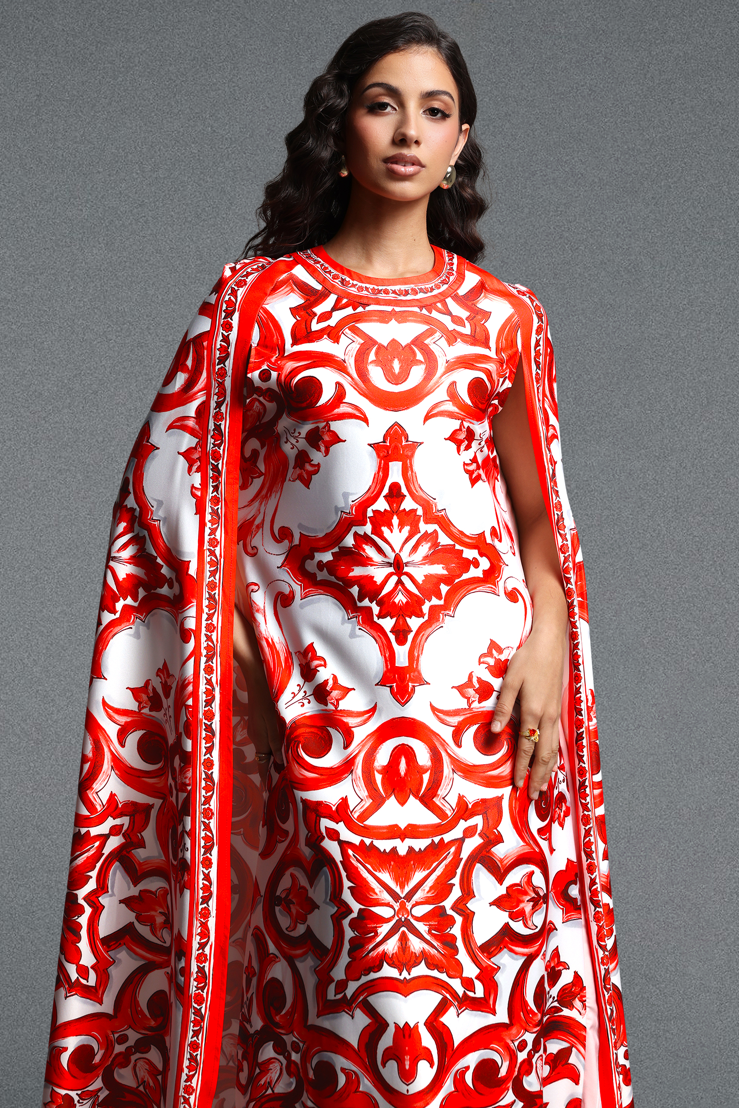 Skyler Vintage Flowy Round Neck Integrated Cape Overlay Print Woven Maxi Dress