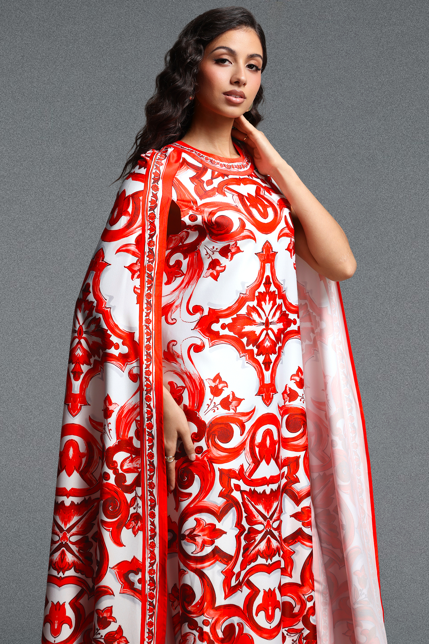 Skyler Vintage Flowy Round Neck Integrated Cape Overlay Print Woven Maxi Dress