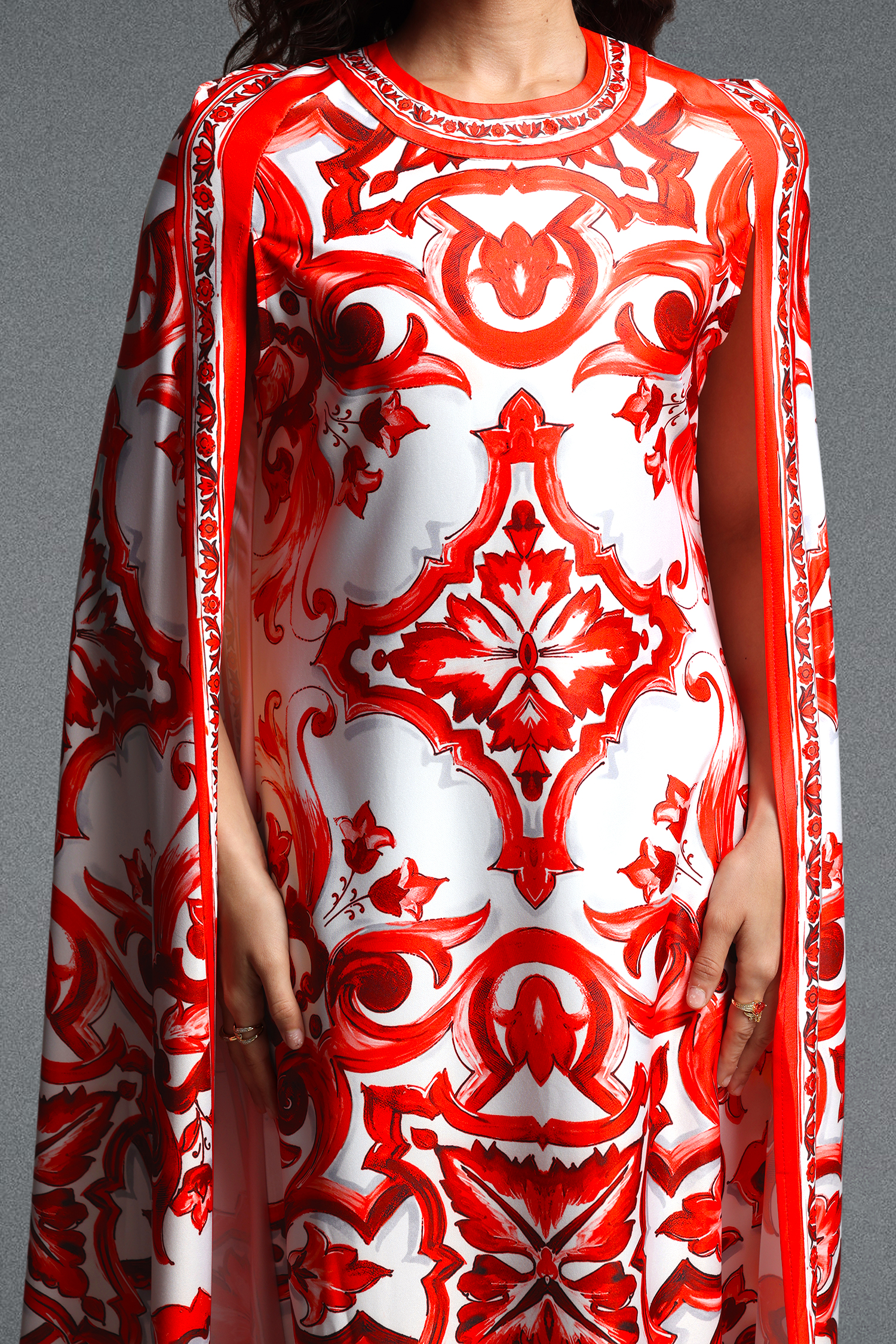 Skyler Vintage Flowy Round Neck Integrated Cape Overlay Print Woven Maxi Dress